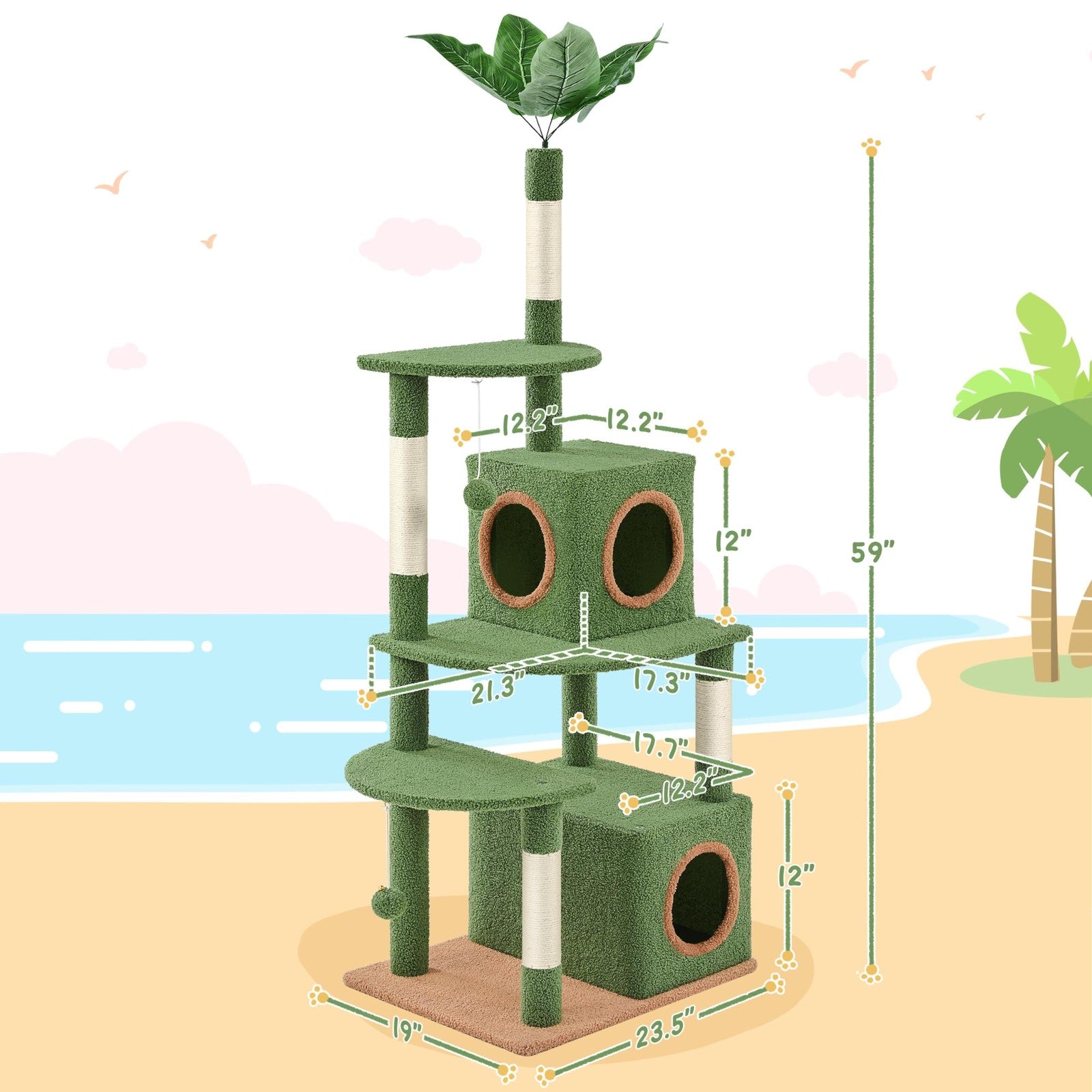 Yaheetech 59-inch green cactus-shaped cat tree with double-level condos and palm leaf design for cats to climb and relax