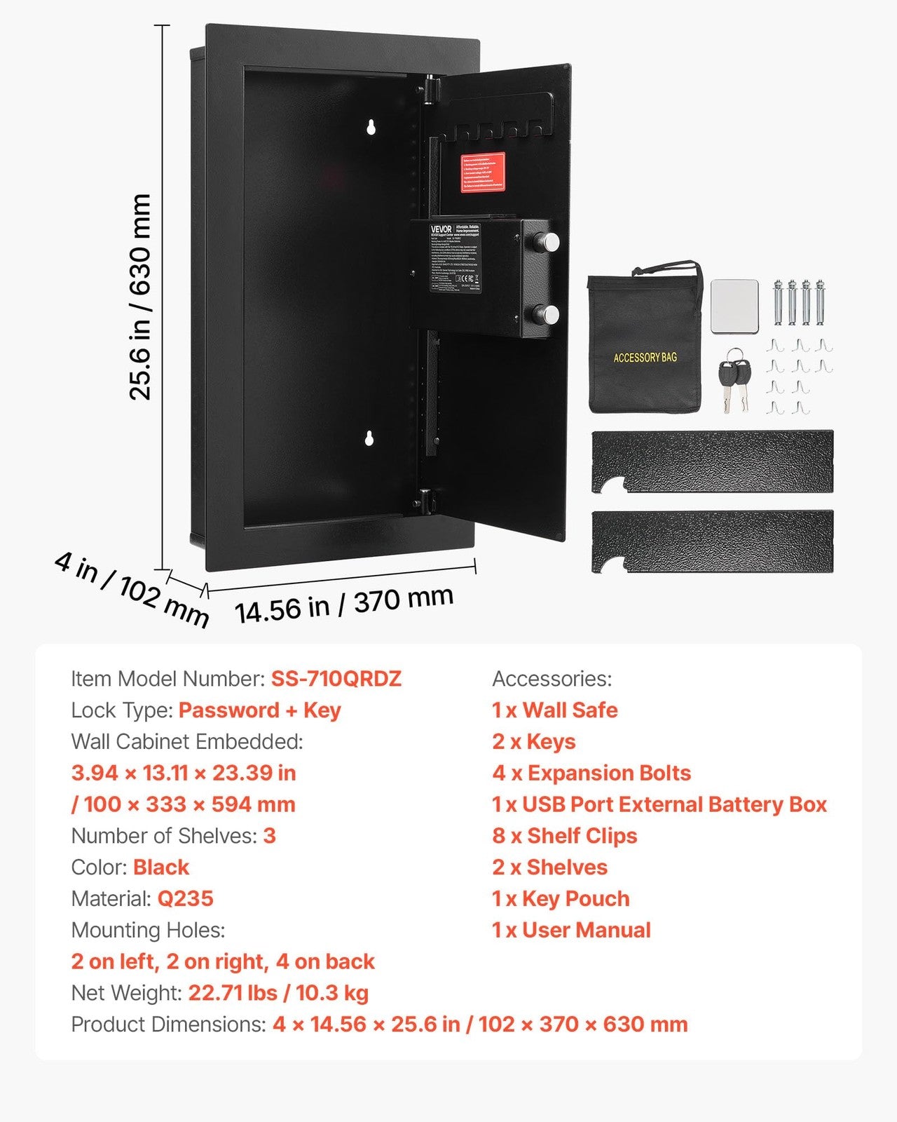 Vevor 25.6-inch high wall safe with 3 tiers, hidden wall-mounted security safe with keypad and key access.