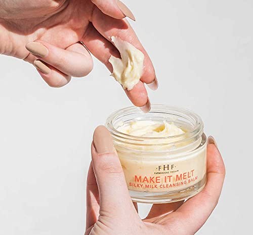 FarmHouse Fresh cleansing balm makeup remover with vitamin C, featuring a silky milk texture, suitable for travel use.