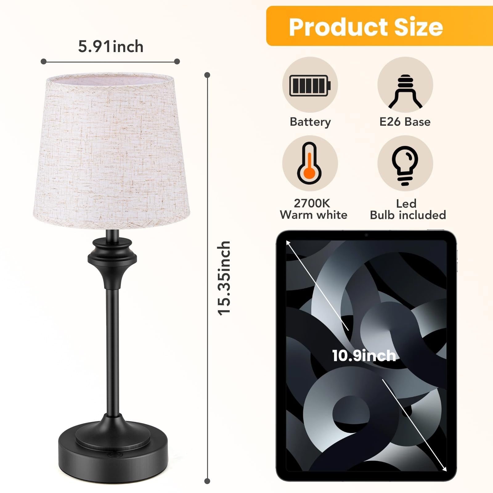 NIORSUN cordless table lamp with flaxen fabric shade, battery-operated portable lamp ideal for indoor or outdoor use