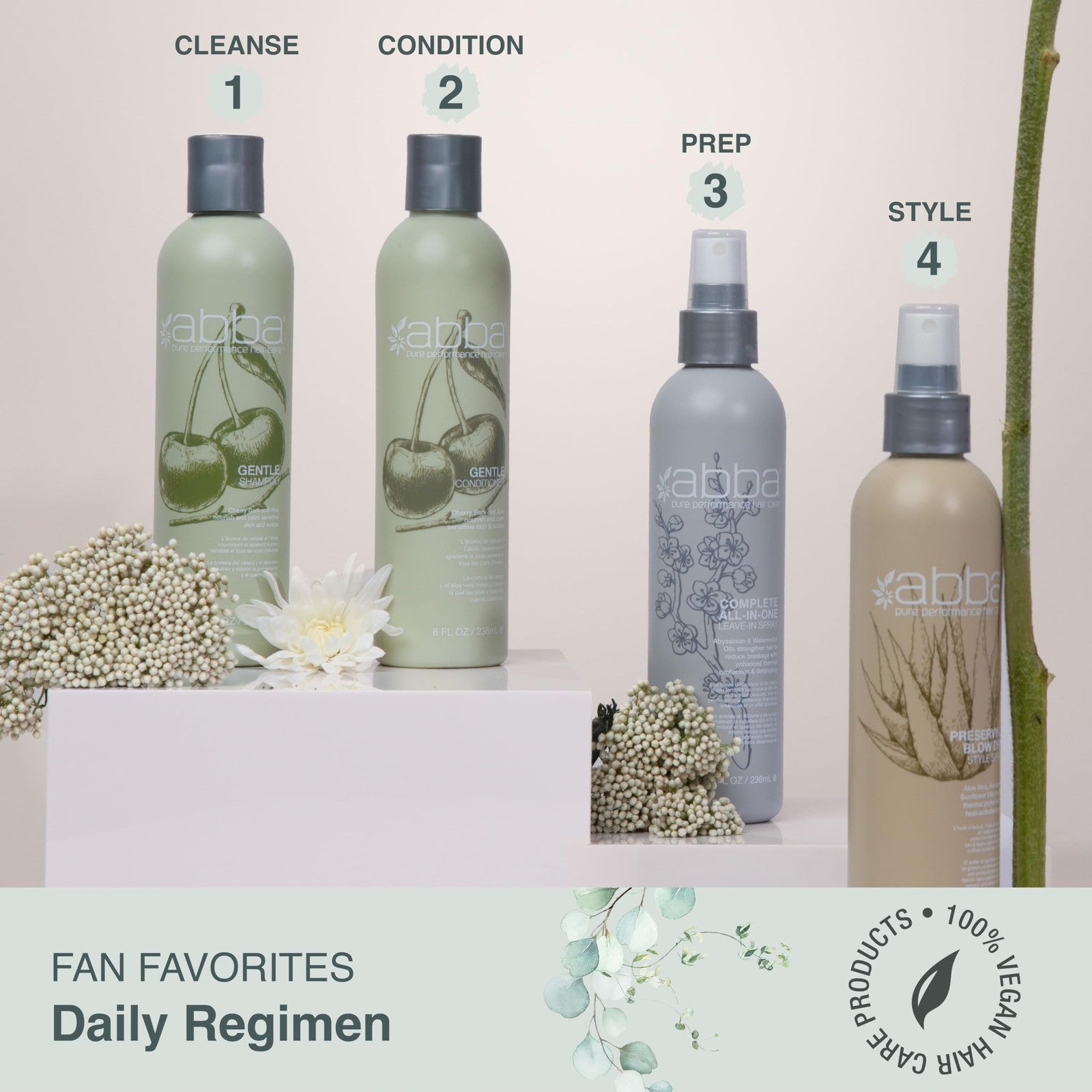 ABBA Pure Gentle Conditioner with Cherry Bark and Aloe, 32 fl oz, showing the conditioner bottle with cherry bark and aloe ingredients