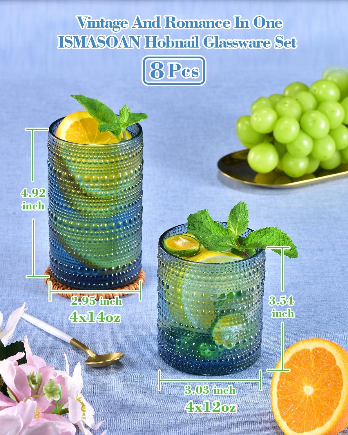 Set of 8 ISMASOAN blue hobnail vintage glass drinking glasses, 14 oz and 12 oz, with textured hobnail design and clear glass finish.