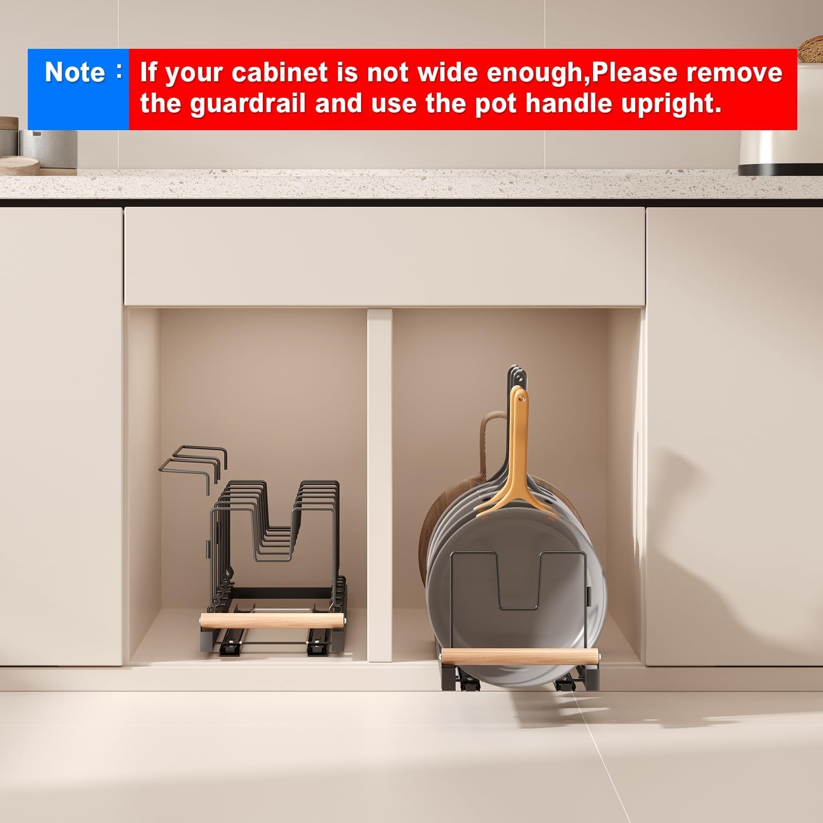 Magheo pull-out pots and pans organizer under cabinet, 22-inch deep expandable lid shelf for kitchen storage.