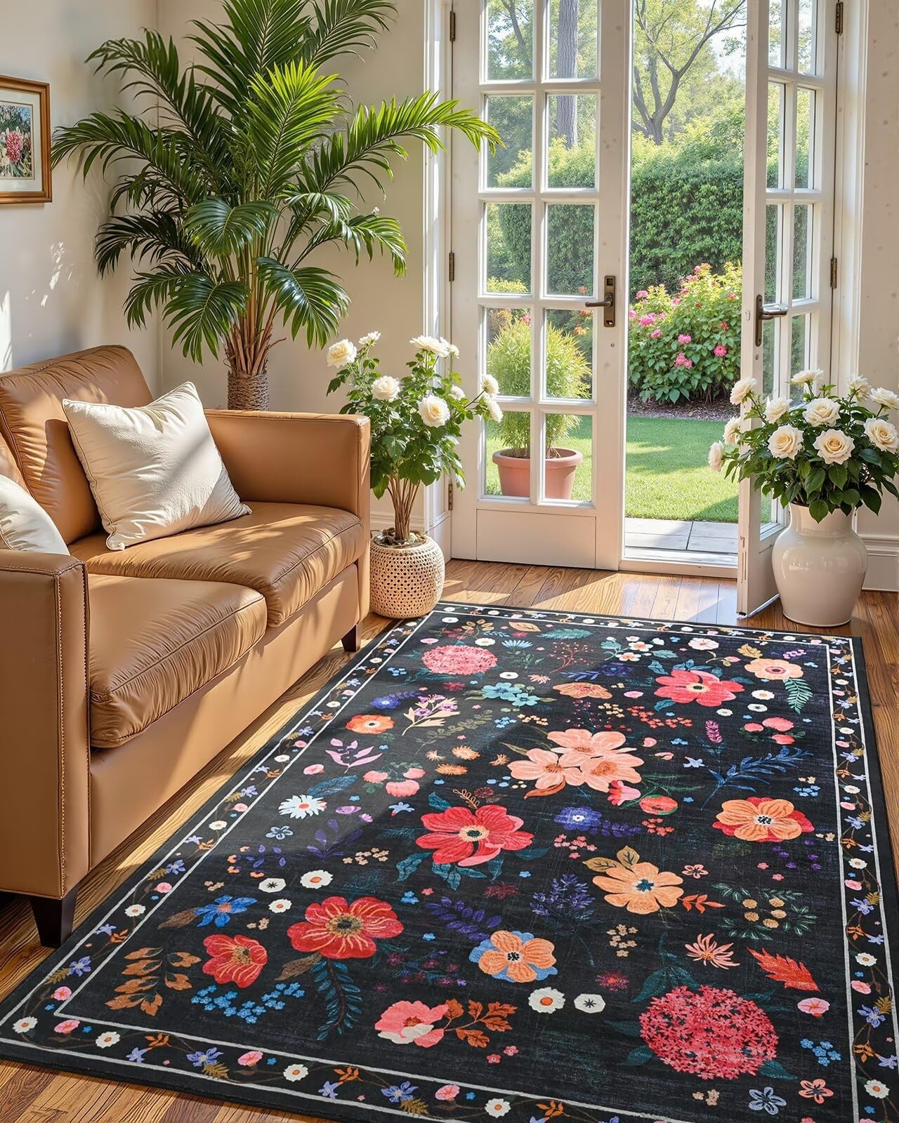Macgace black floral 4x6 machine washable area rug with colorful flower pattern, ideal for girls' bedrooms, made of soft fabric.