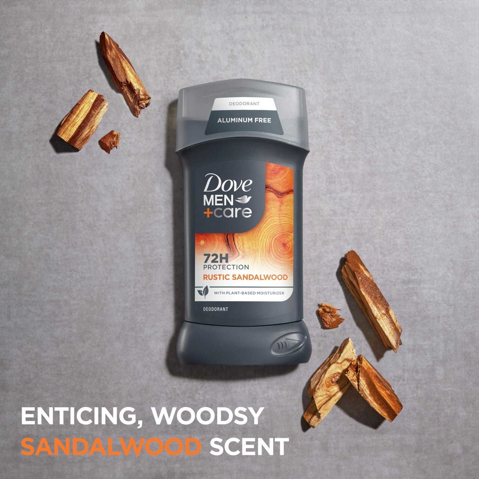 DOVE MEN + CARE aluminum free deodorant sticks in Rustic Sandalwood scent, 3oz each, with three deodorants shown.