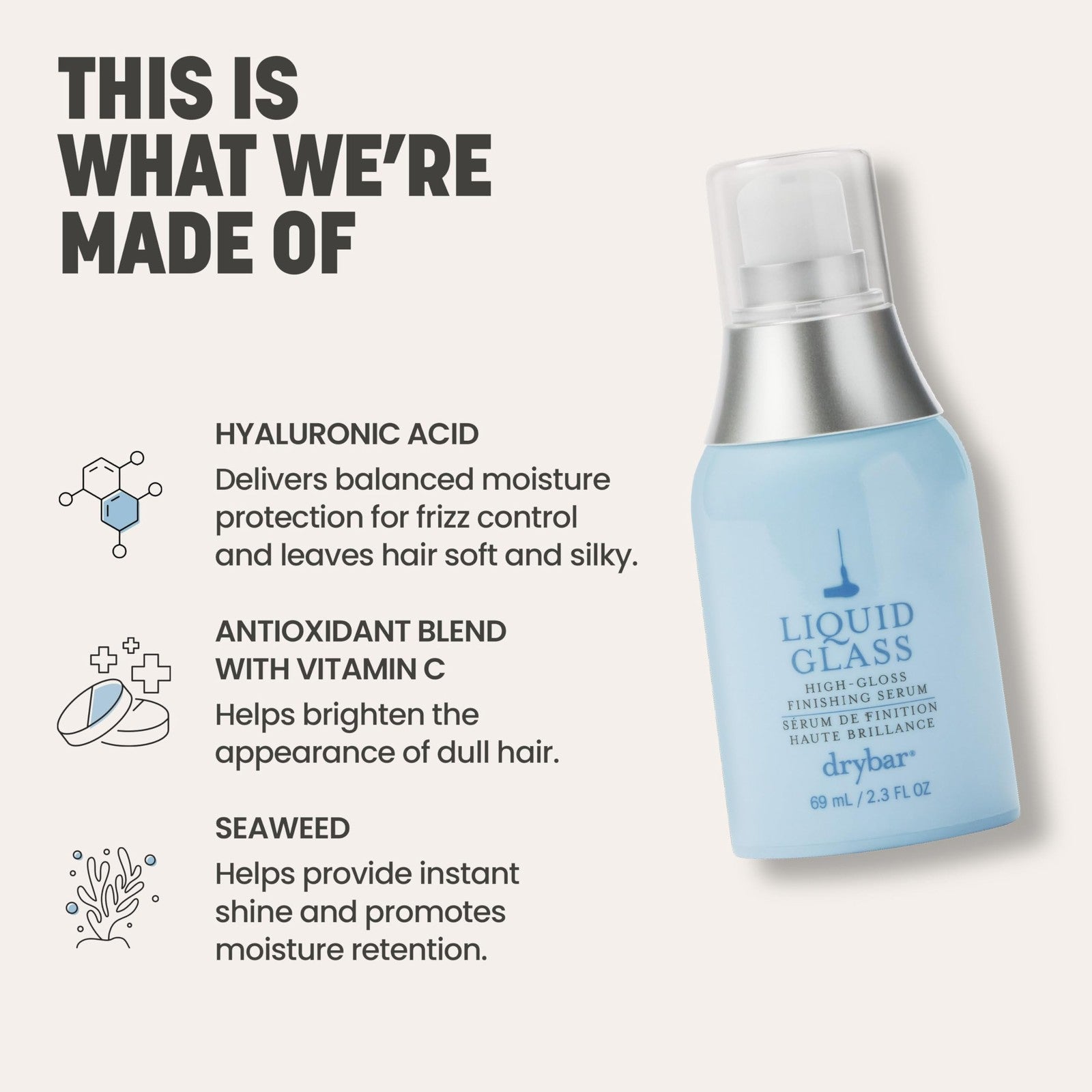 Drybar Liquid Glass High-Gloss Finishing Serum bottle with applicator tip, designed to add shine and reduce frizz after blowout.