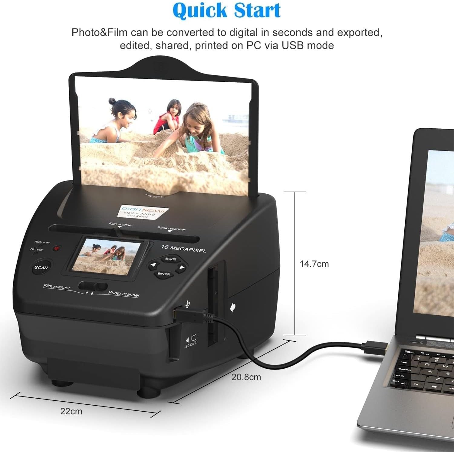 Unbranded Digitpro digital film photo scanner showing 35mm slides and negatives for high-quality image conversion.