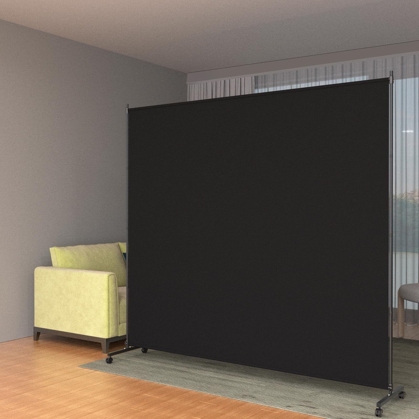 VAMFUTRE black 6.6ft single panel room divider with caster wheels for privacy and space separation in modern interiors.