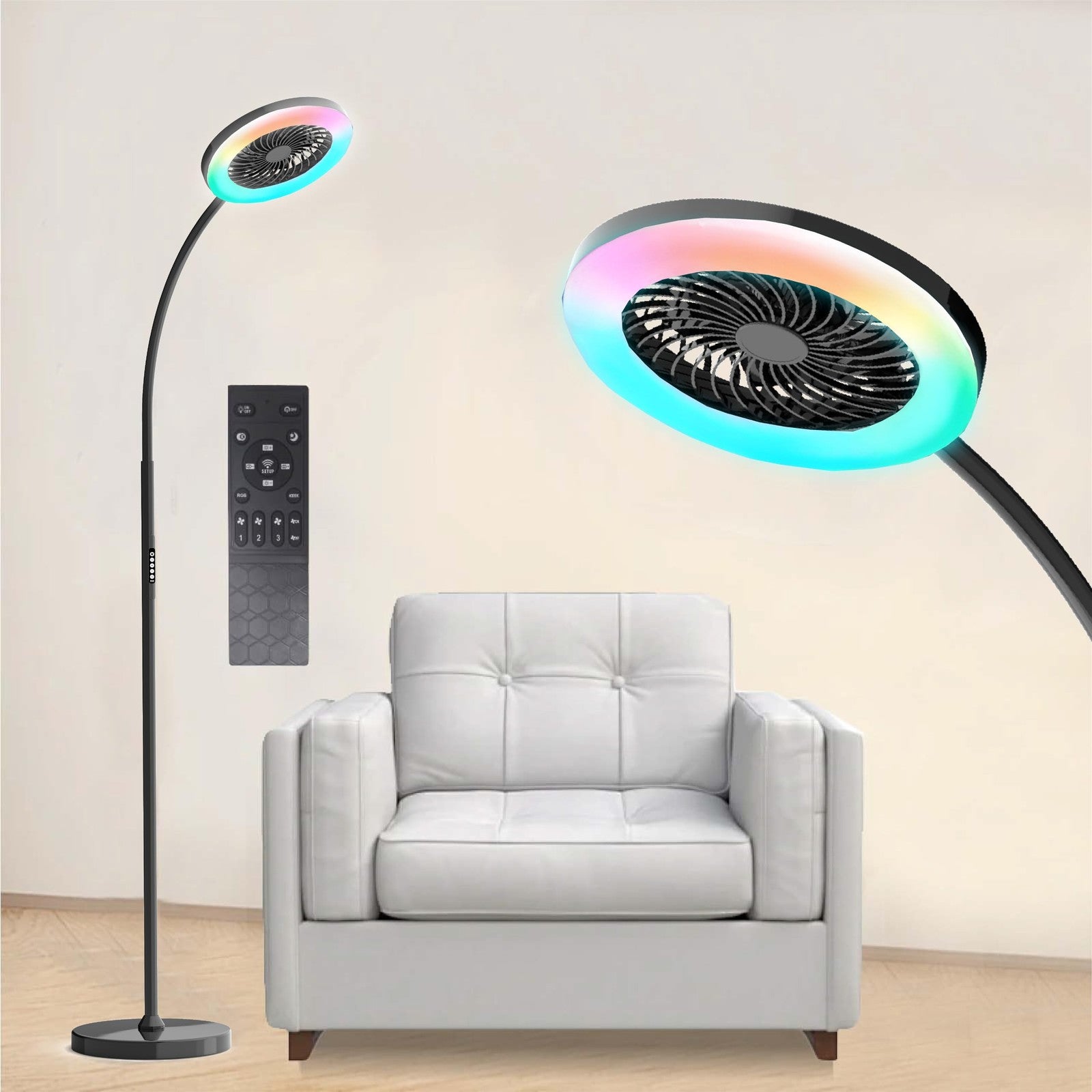 ONIDEK pedestal fan with RGB LED lighting, 18W/1500lm, 3-speed stand fan suitable for bedroom use, featuring modern floor lamp design
