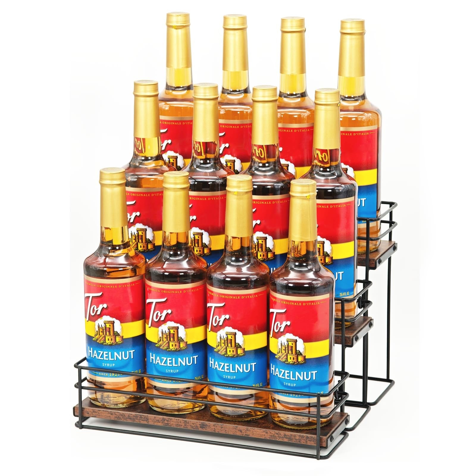AUATRONNE 3-tier coffee syrup organizer rack with 12 bottle capacity, metal stand holding coffee syrup bottles neatly.