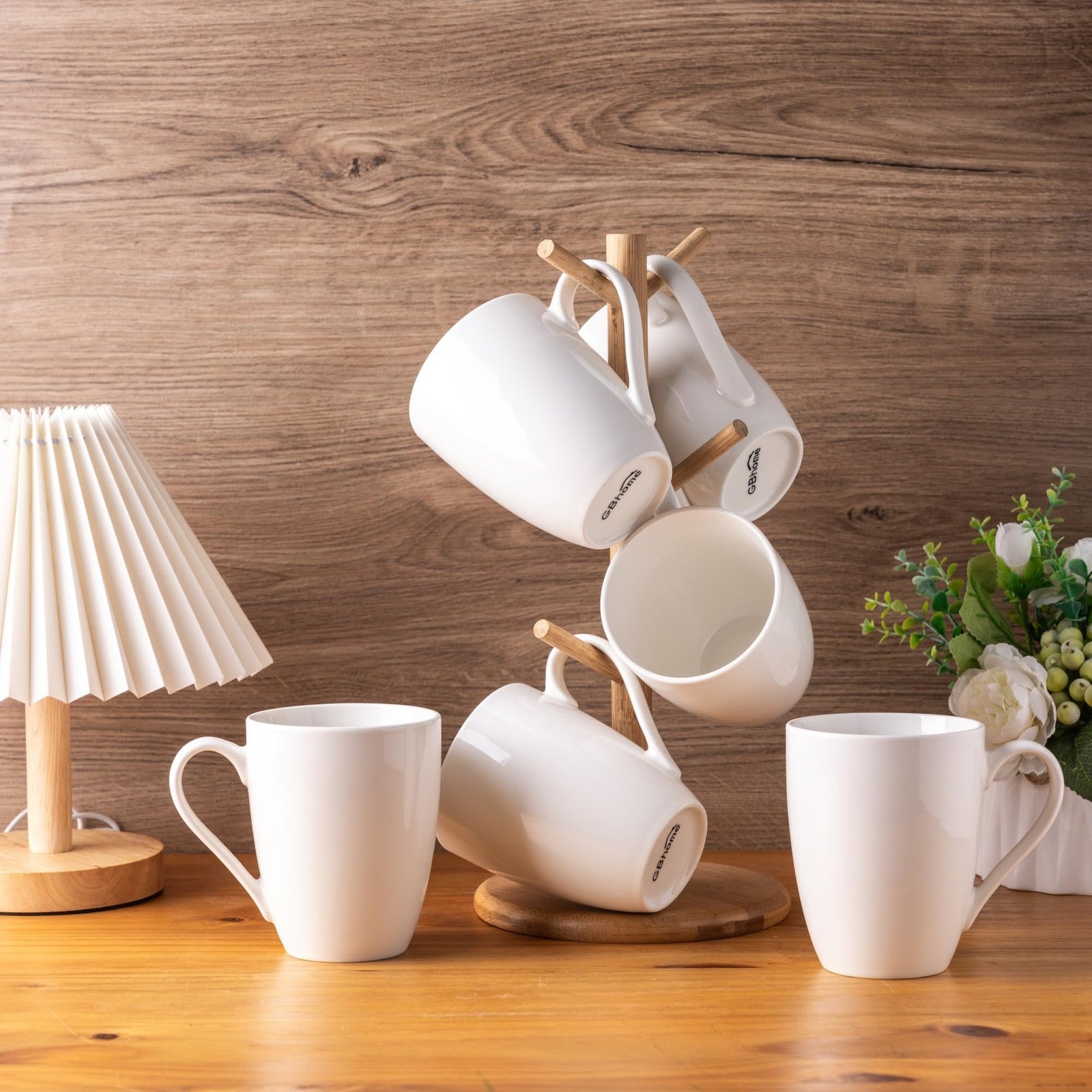 Set of six GBhome 16oz large ceramic coffee mugs with handles, ideal for men, women, and dads, shown on a kitchen counter.