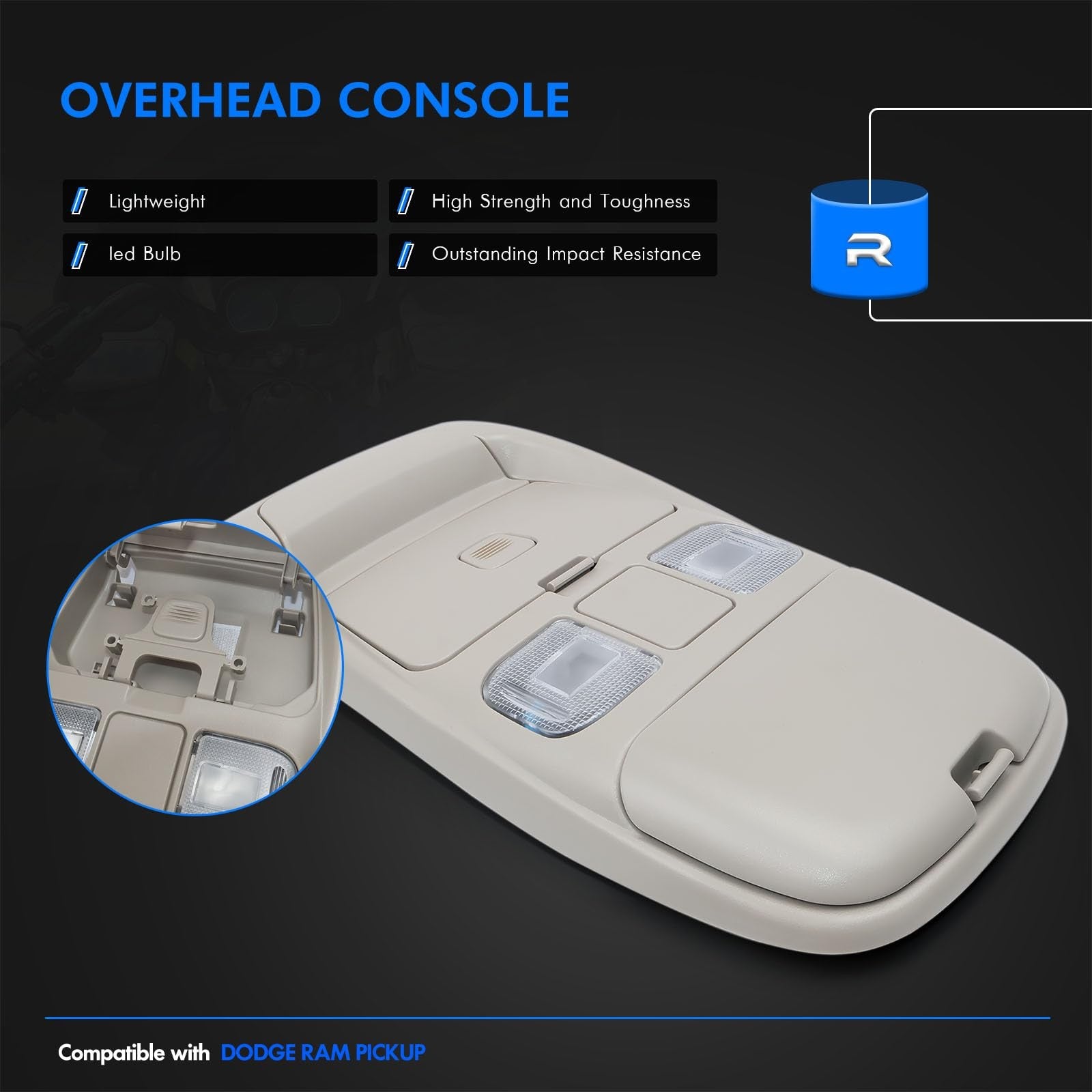 LED overhead console assembly for Dodge Ram 1500, 2500, 3500 1998-2002 cab interior, by RHAOCZIYAUTO.