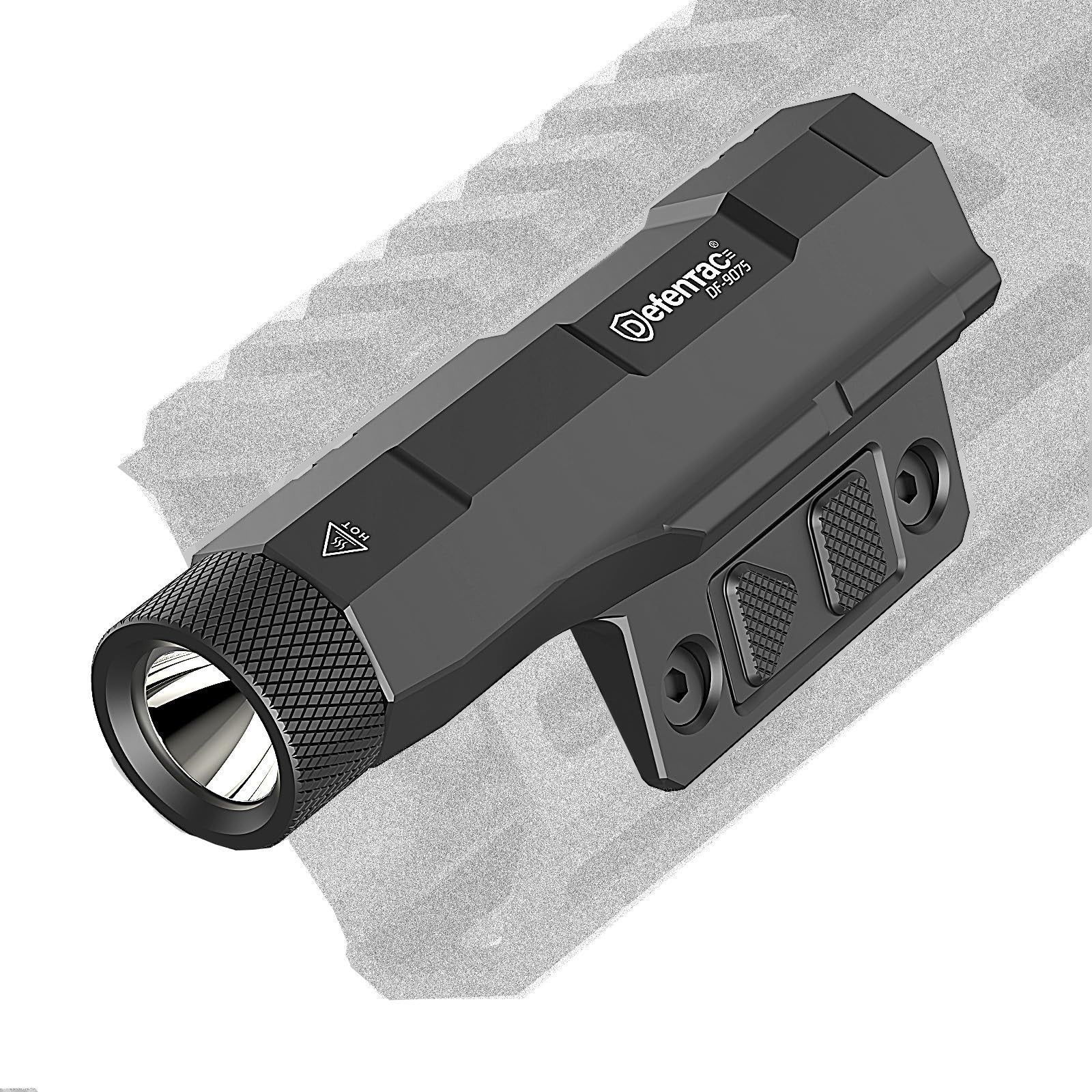 DEFENTAC 2400lm aluminum flashlight mounted on Picatinny/Mlok rail for tactical or outdoor use, showcasing durable build and bright beam
