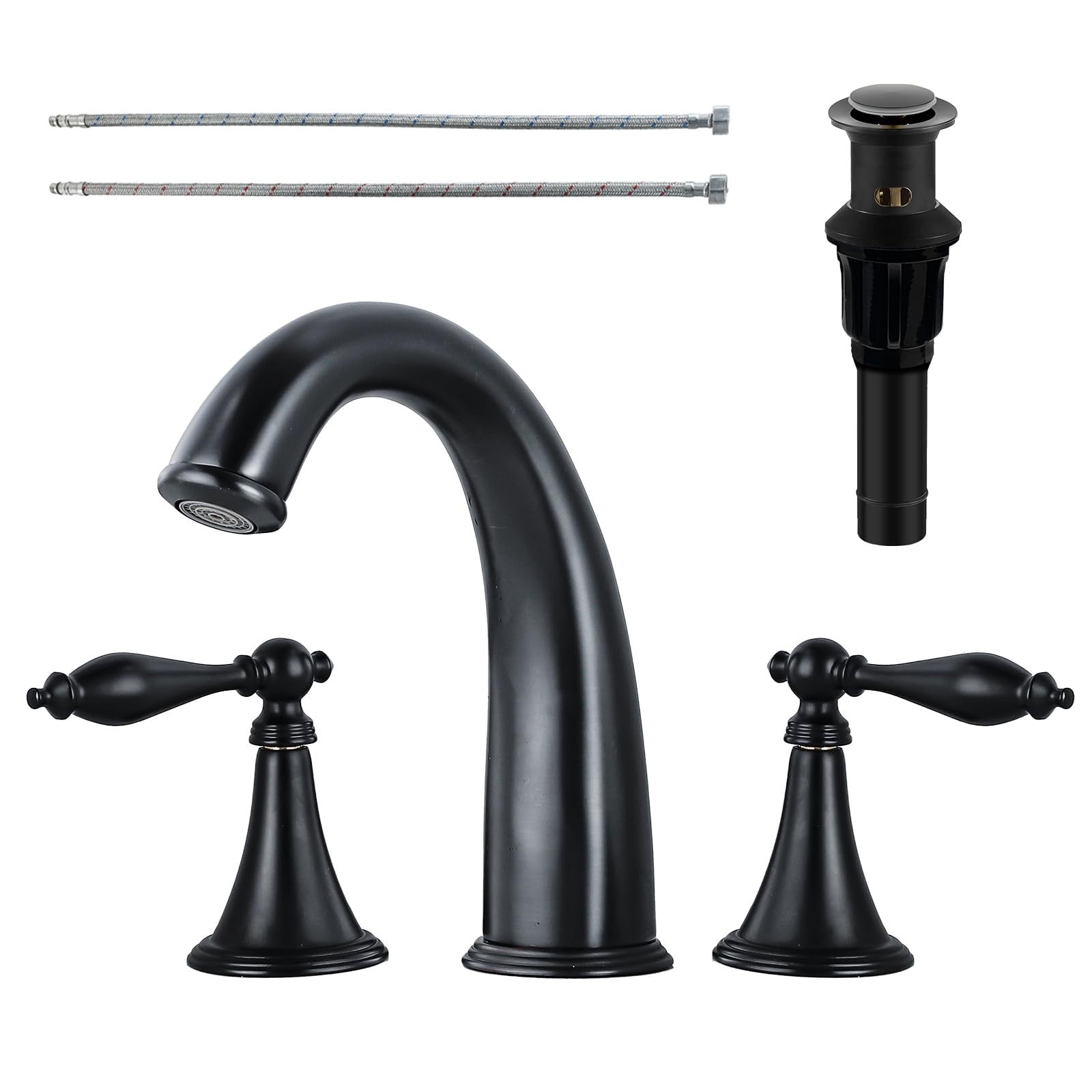 SaniteModar black brass bathroom sink faucet with widespread design, featuring modern sleek handles and spout for bathroom installation.