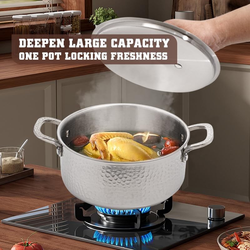 Vivicreate tri-ply stainless steel stockpot with hammered exterior, deep cooking pot ideal for soups and stews, professional kitchen cookware