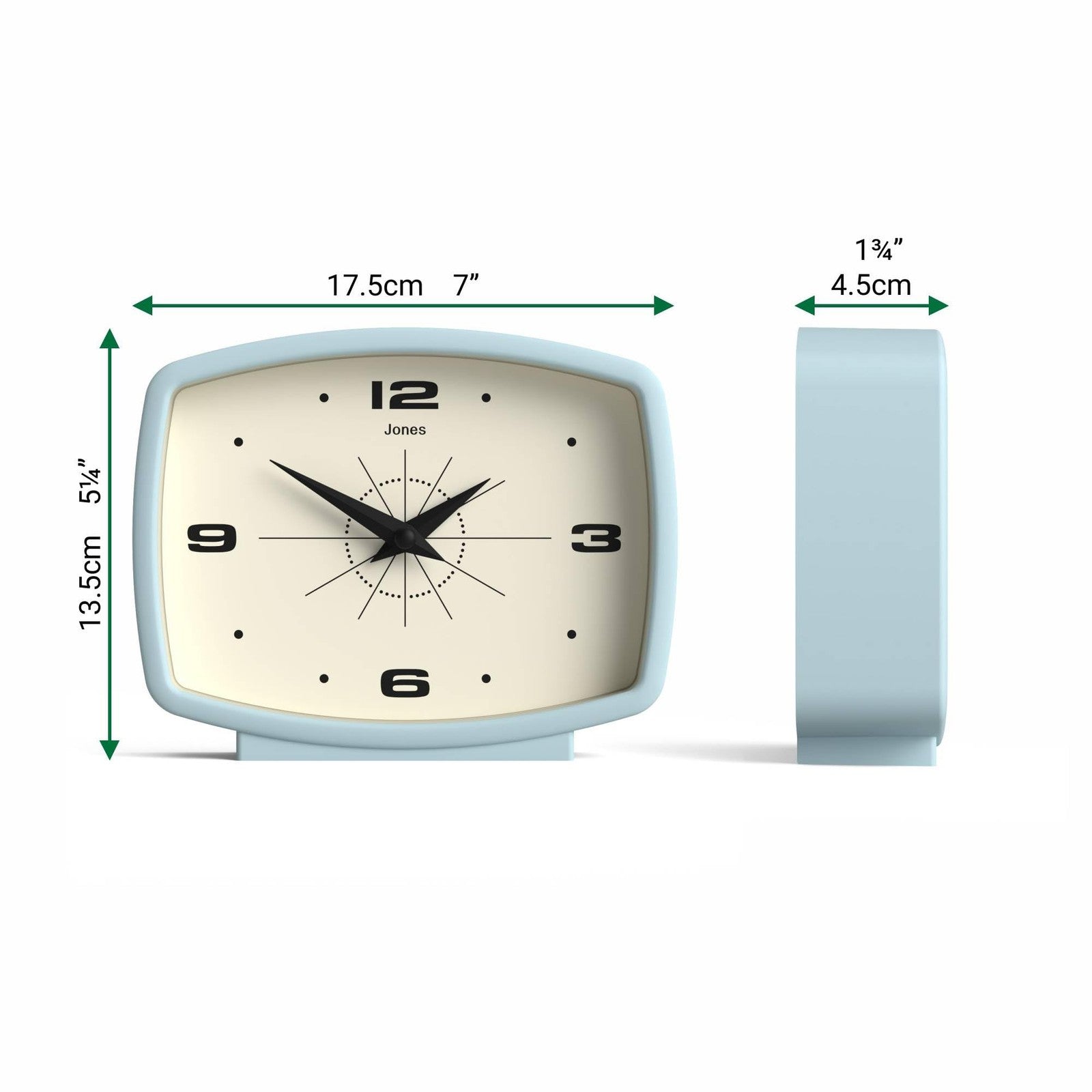 Jones Clocks retro film desk clock with rectangular pale blue design, vintage-inspired style for modern desk decor.