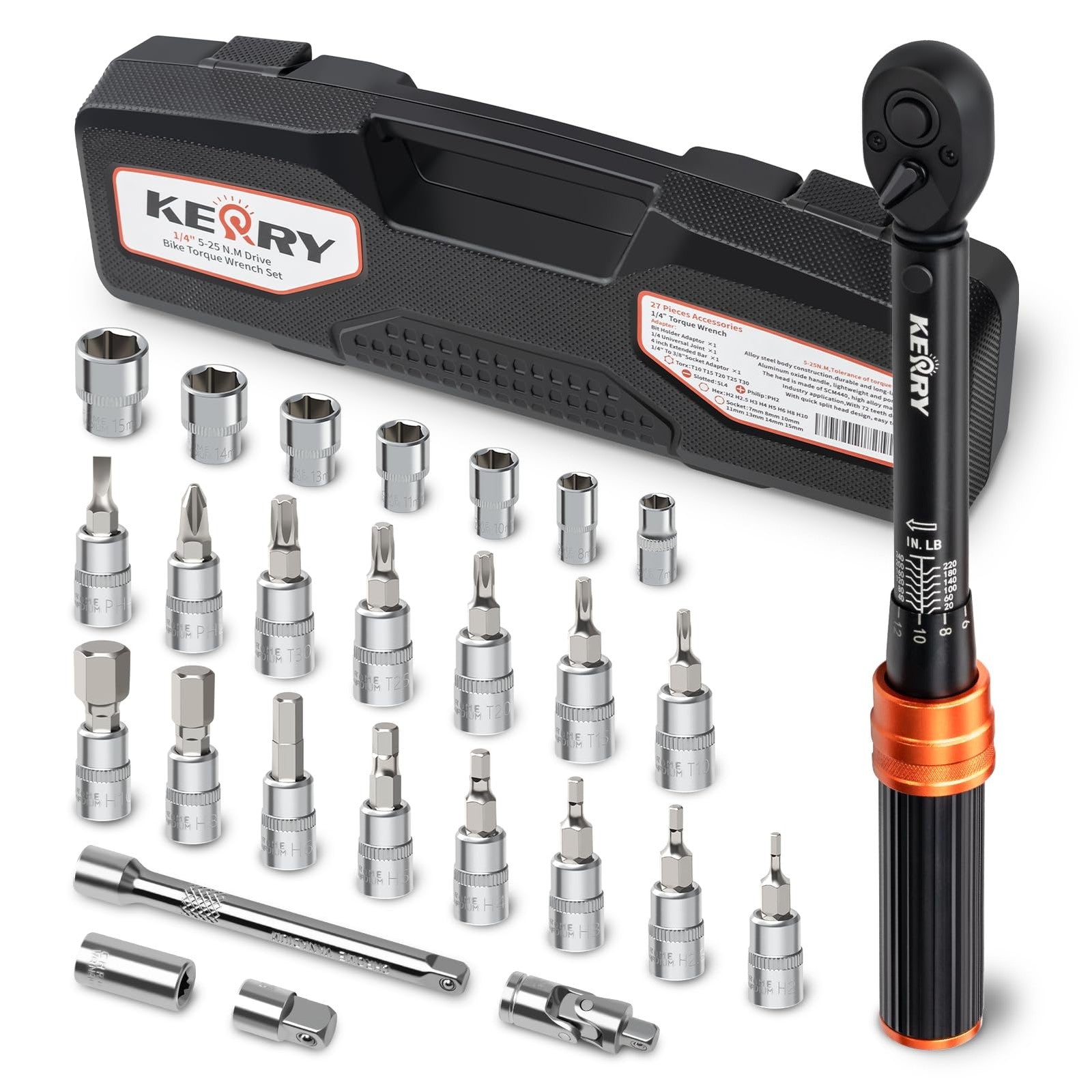 Kerry 1/4 inch drive bike torque wrench set with 27 pieces, including various torque adapters and tools for precise tightening.