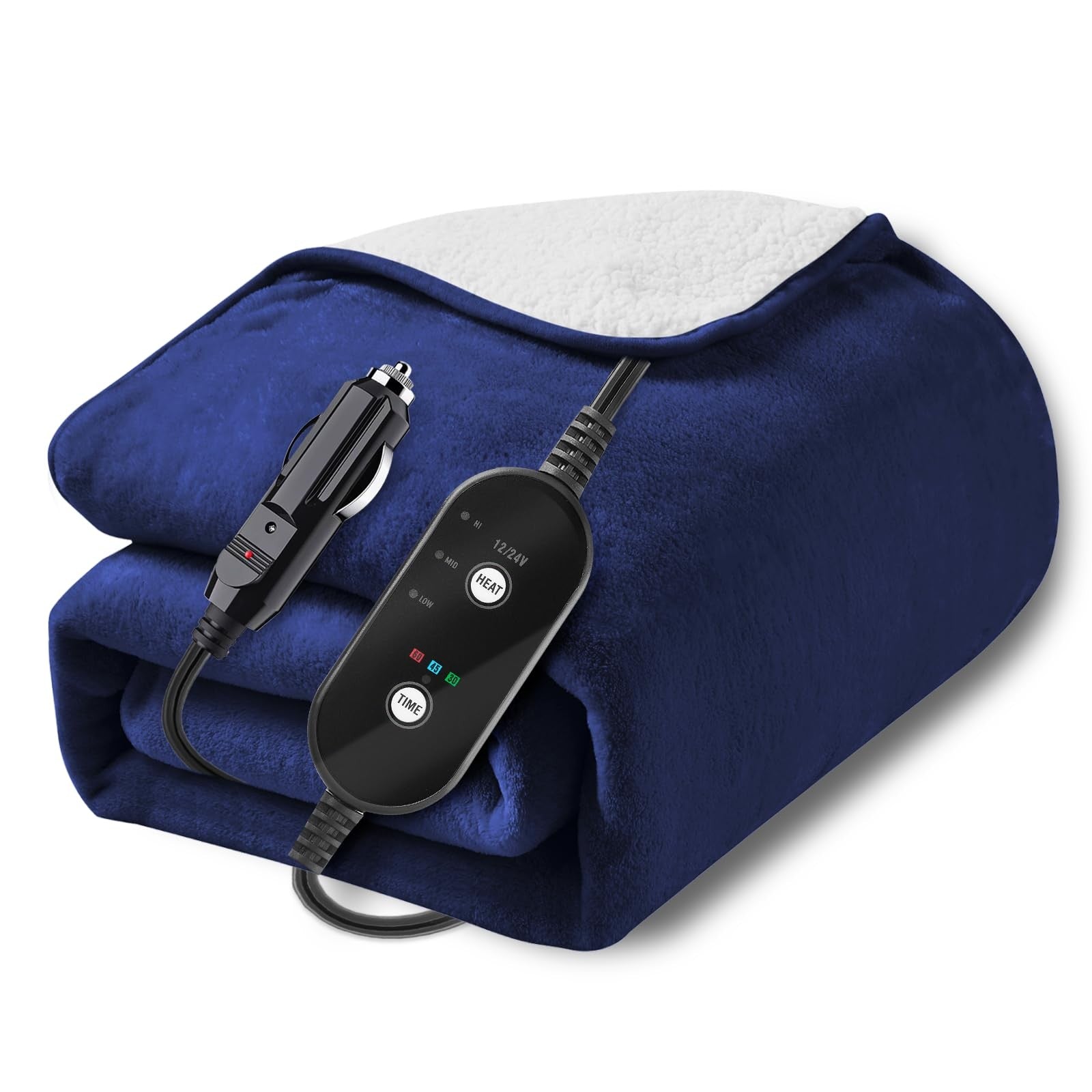 Sino Salected heated car blanket in black, 12V/24V electric blanket with control switch, machine washable for cozy travel comfort.