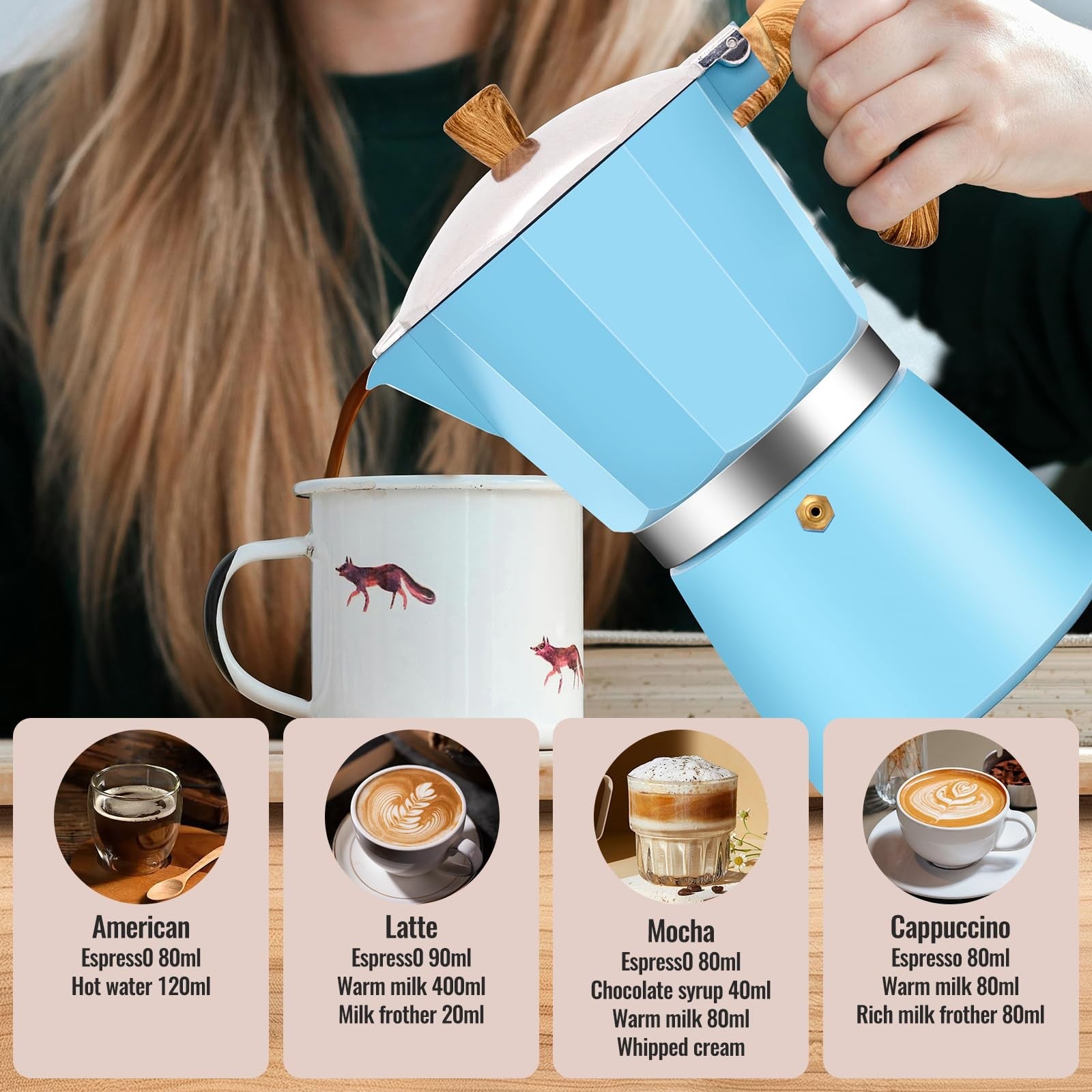 Vaolvpant 12-cup aluminum Moka pot stovetop espresso coffee maker with 600ml capacity, classic stovetop design for rich coffee brewing.