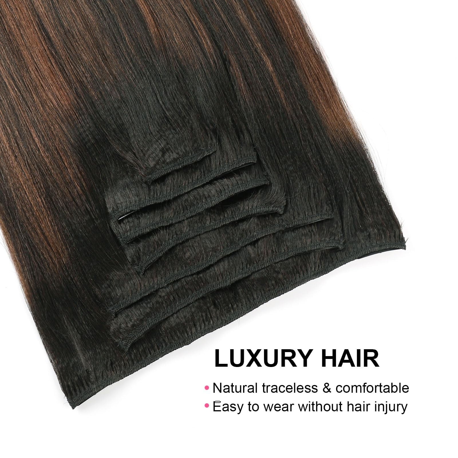 ABH AmazingBeauty Hair Yaki Straight clip-in extensions in rooted natural black, showing sleek, shiny hair with straight style.