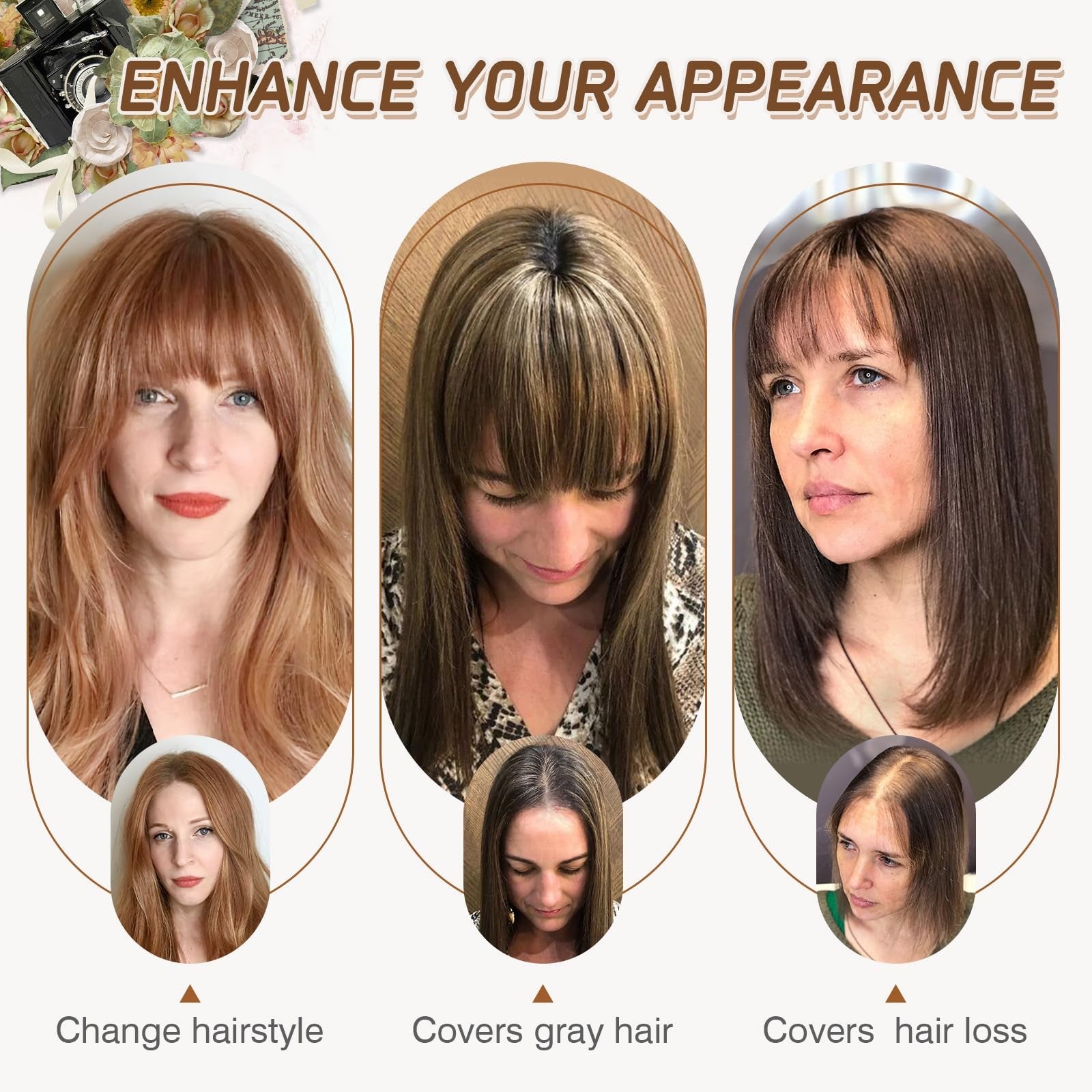Rich Choices real human hair topper for women with bangs, made from 100% Remy human hair, shown on a mannequin head.