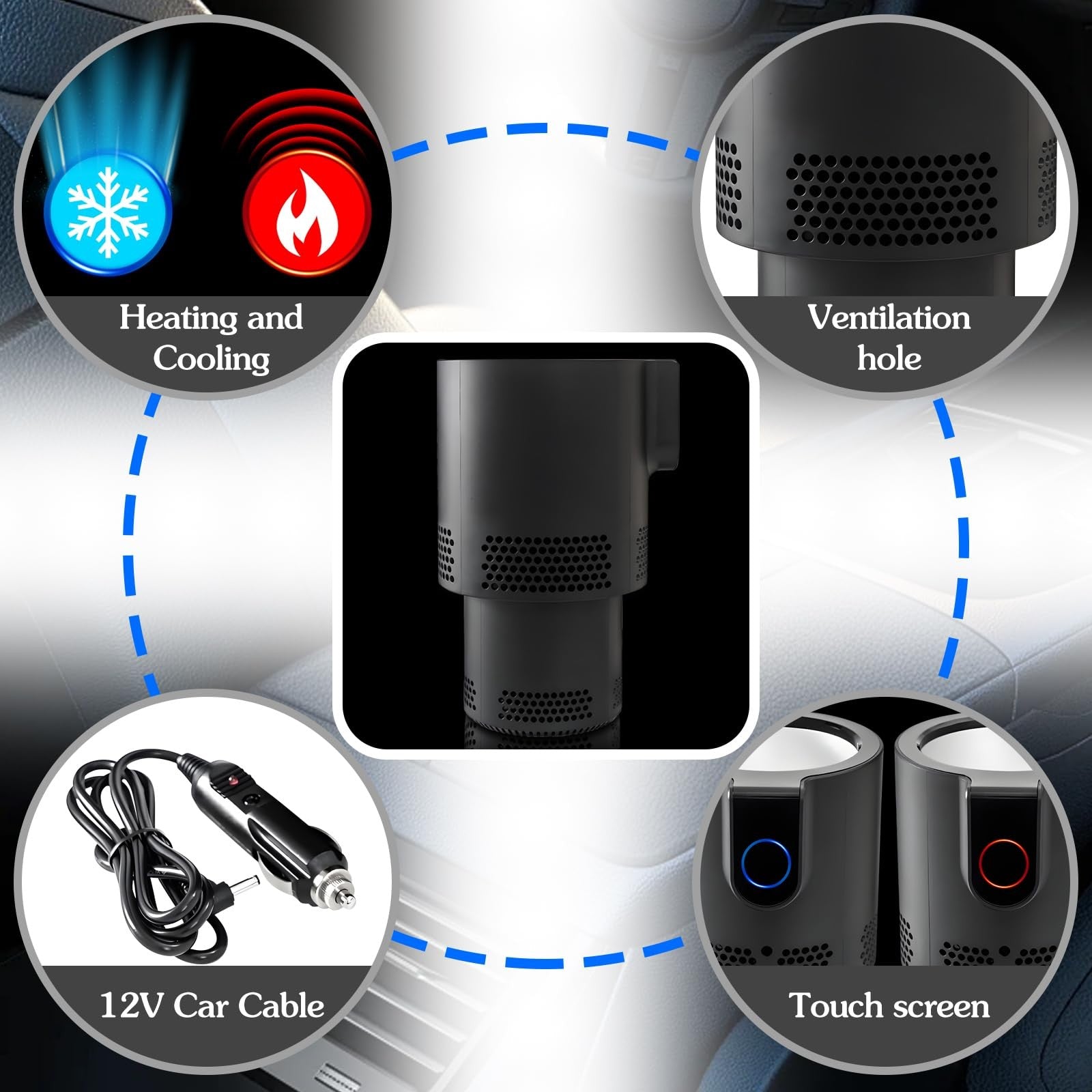 Yesinaly 2-in-1 smart car cup cooler and heater with digital temperature control, shown with a beverage inside.
