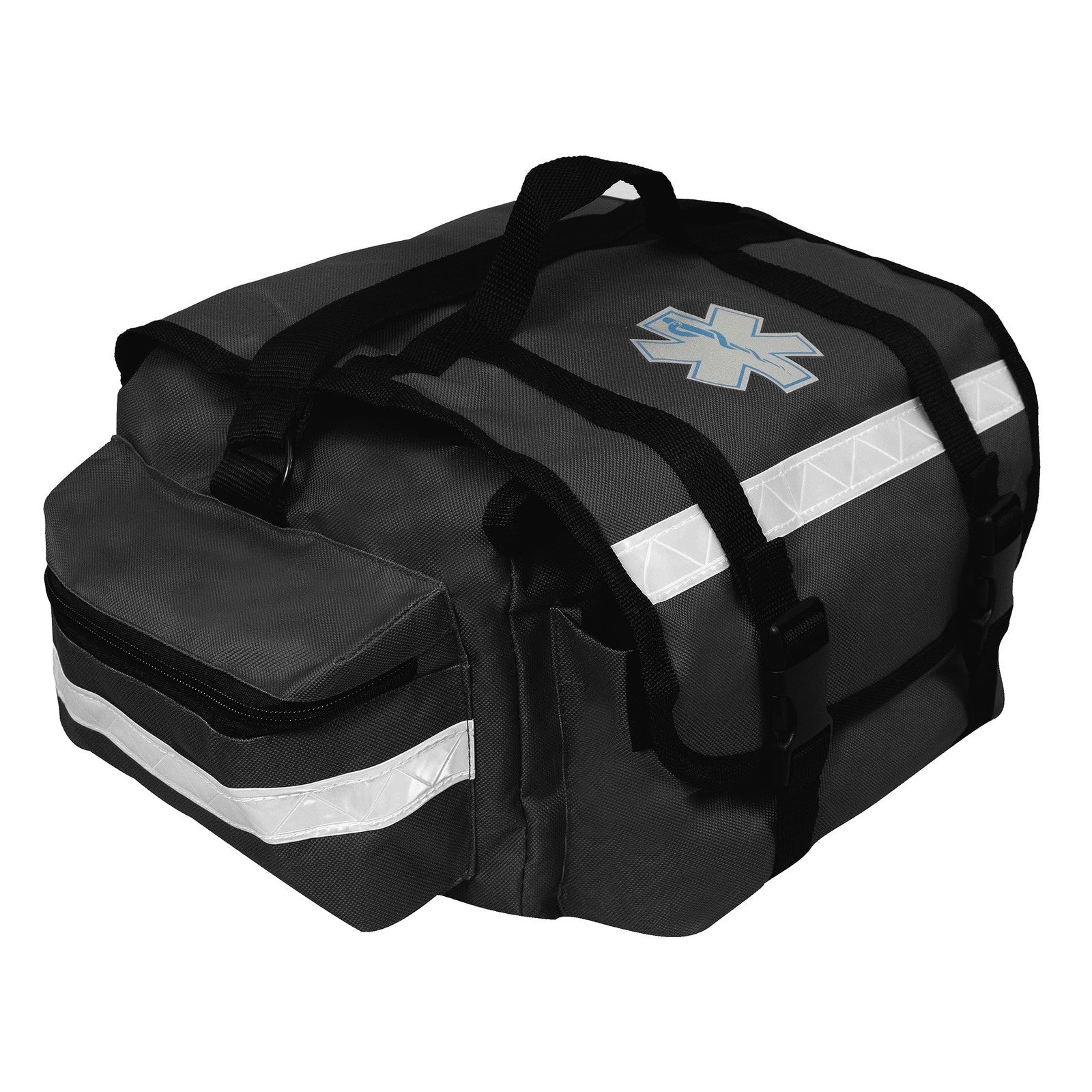 Primacare KB-RO74-BK black first responder trauma bag with handles and compartments for EMT and EMS medical supplies.