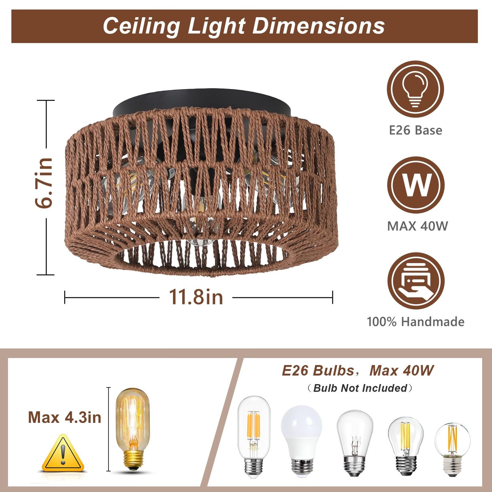 PAUFUL Boho 3-light farmhouse rattan ceiling light fixture with woven rattan design and rustic farmhouse style.