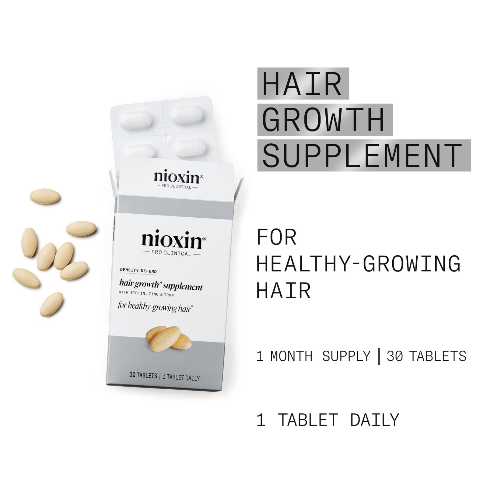 NIOXIN Density Defend hair growth supplements bottle with biotin, zinc, and iron, showing the supplement package and capsules.