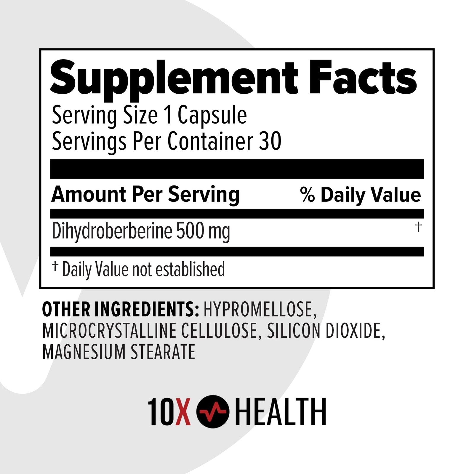 10X Health System Berberine supplement bottle with 500mg capsules, featuring Dihydroberberine for metabolic support.