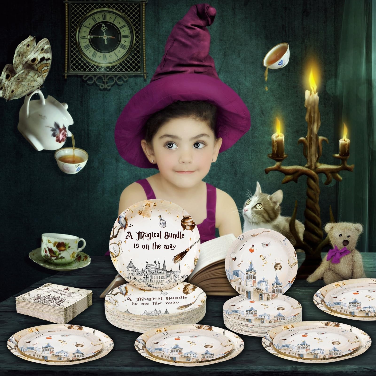 Dhnvcud 180-piece set of magical wizard-themed paper plates for party serving, featuring colorful wizard and fantasy designs.