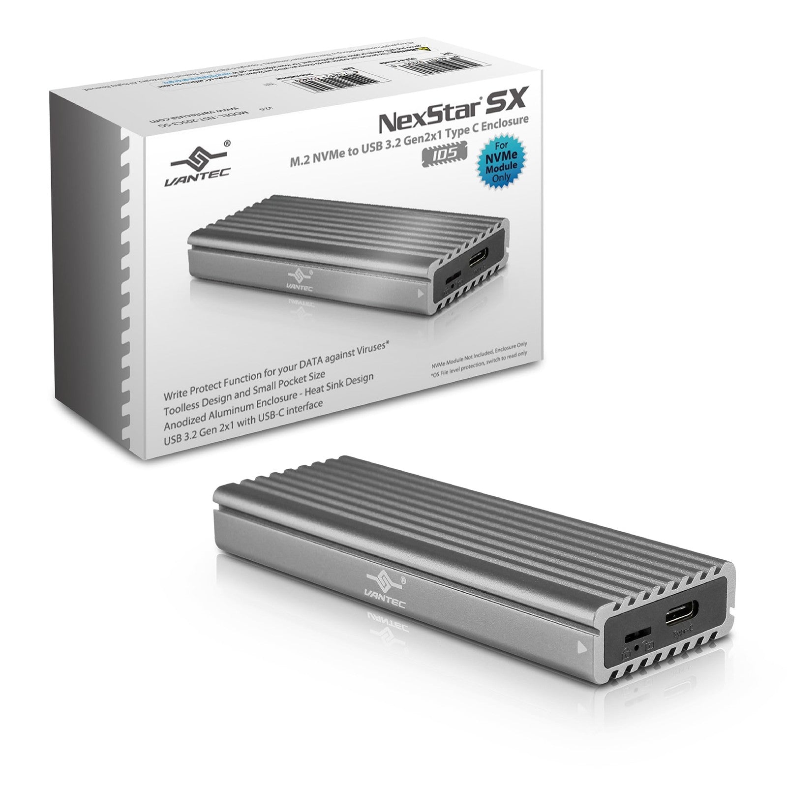 Vantec M.2 NVMe SSD to USB 3.1 Gen 2 Type C enclosure with C to C cable, compact space gray design.