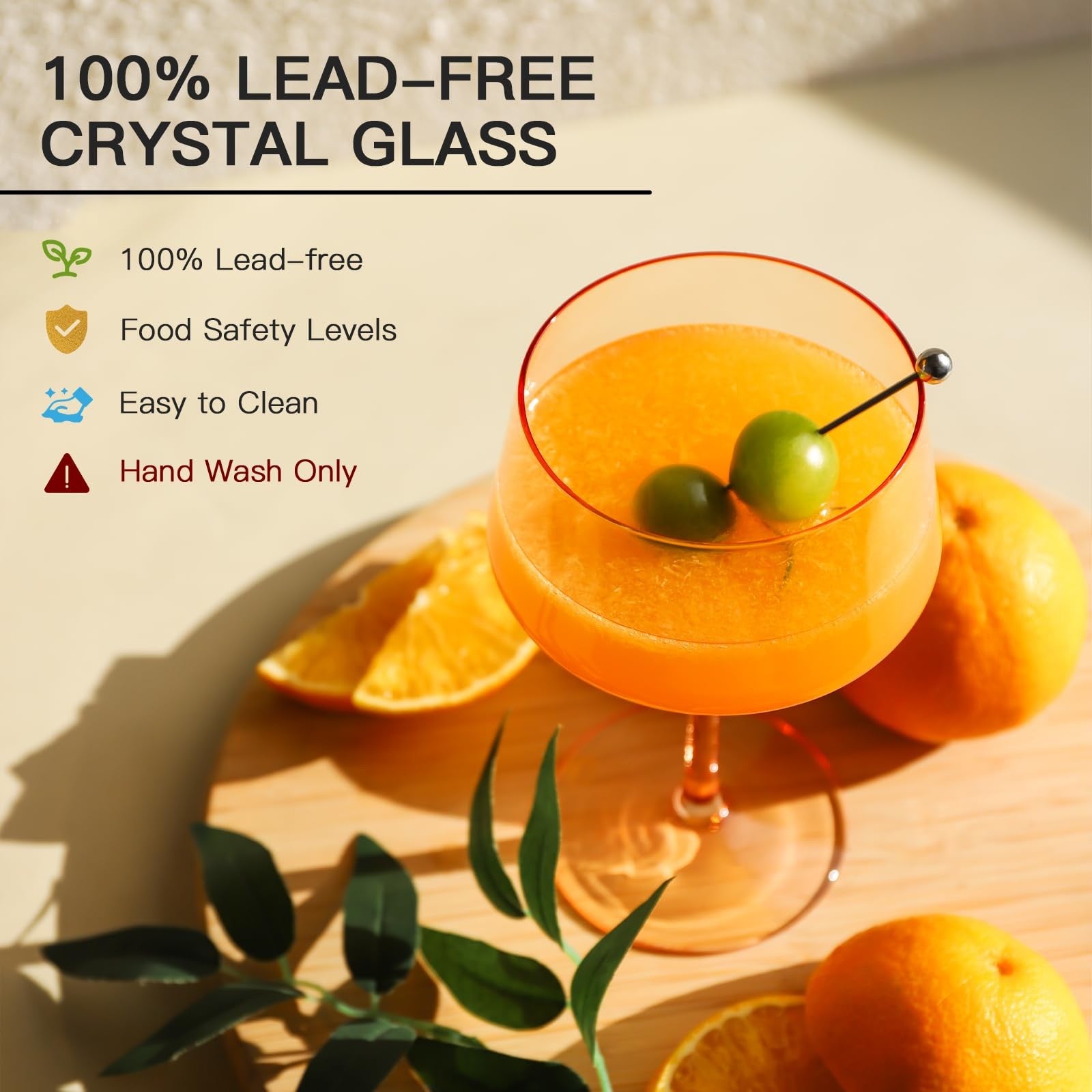 Set of 6 colorful JOVGANK coupe glasses, hand-blown 13oz martini glasses with vibrant hues, displayed on a neutral background.