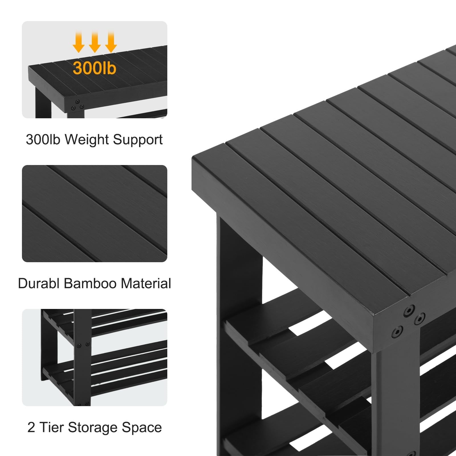 Black Apicizon 3-tier bamboo shoe rack and entryway bench with storage shelves, 35.4 inches long, for organized footwear and seating.