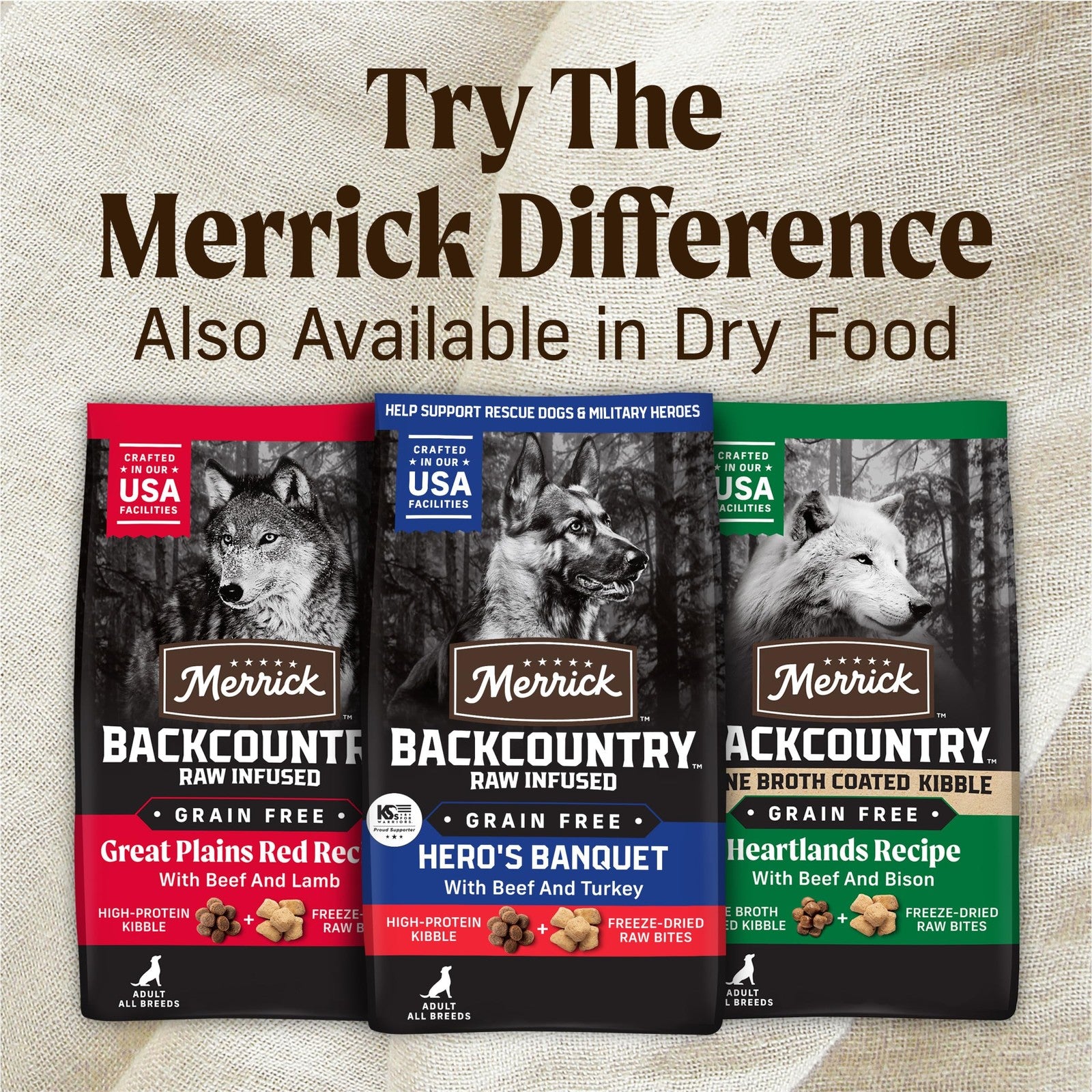 Can of Merrick Backcountry Grain Free Premium Wet Dog Food with soft, healthy, and nutritious dog food inside