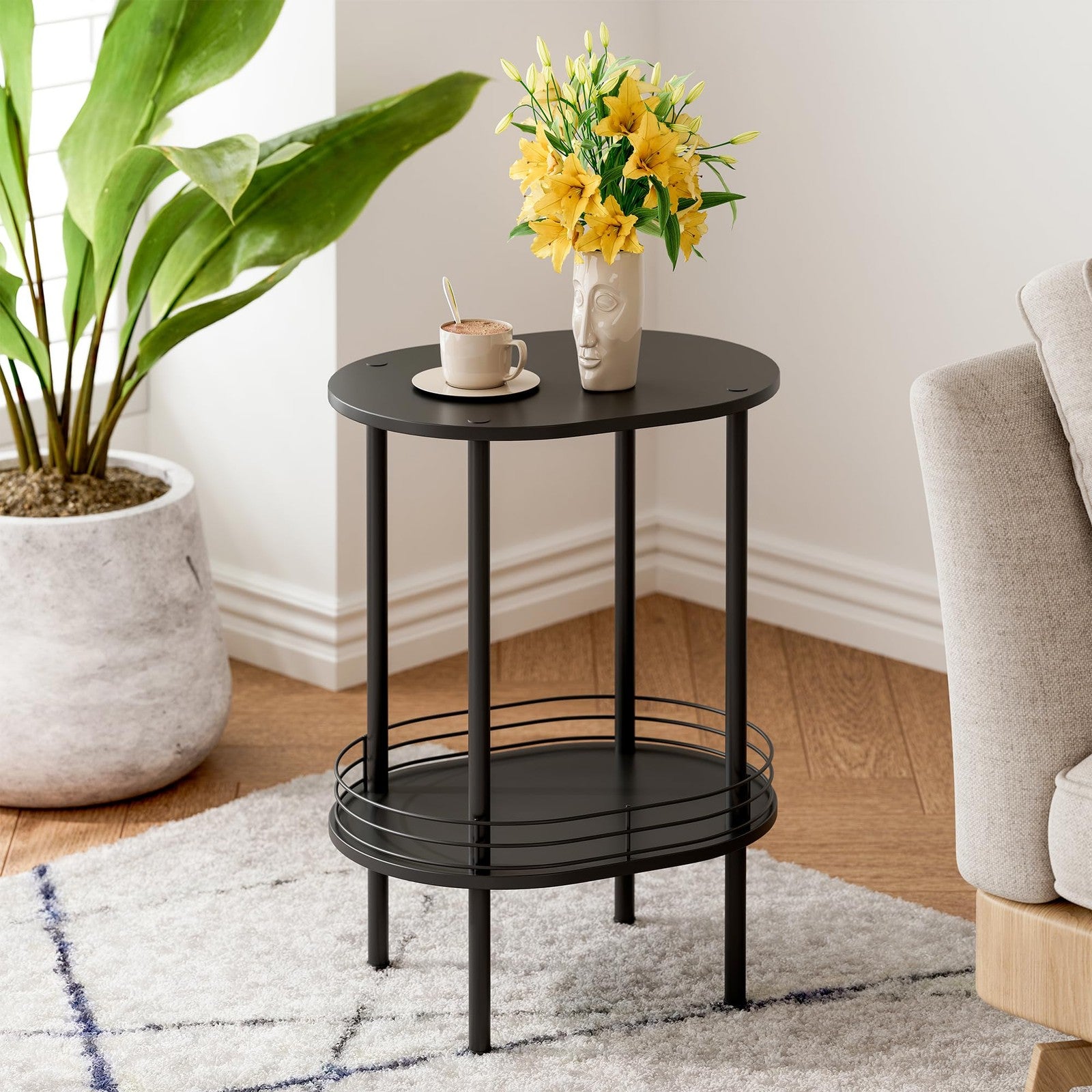 Small modern oval side table with storage, 2-tier design by DGSANDGO, sturdy wood frame, ideal for living room decor.