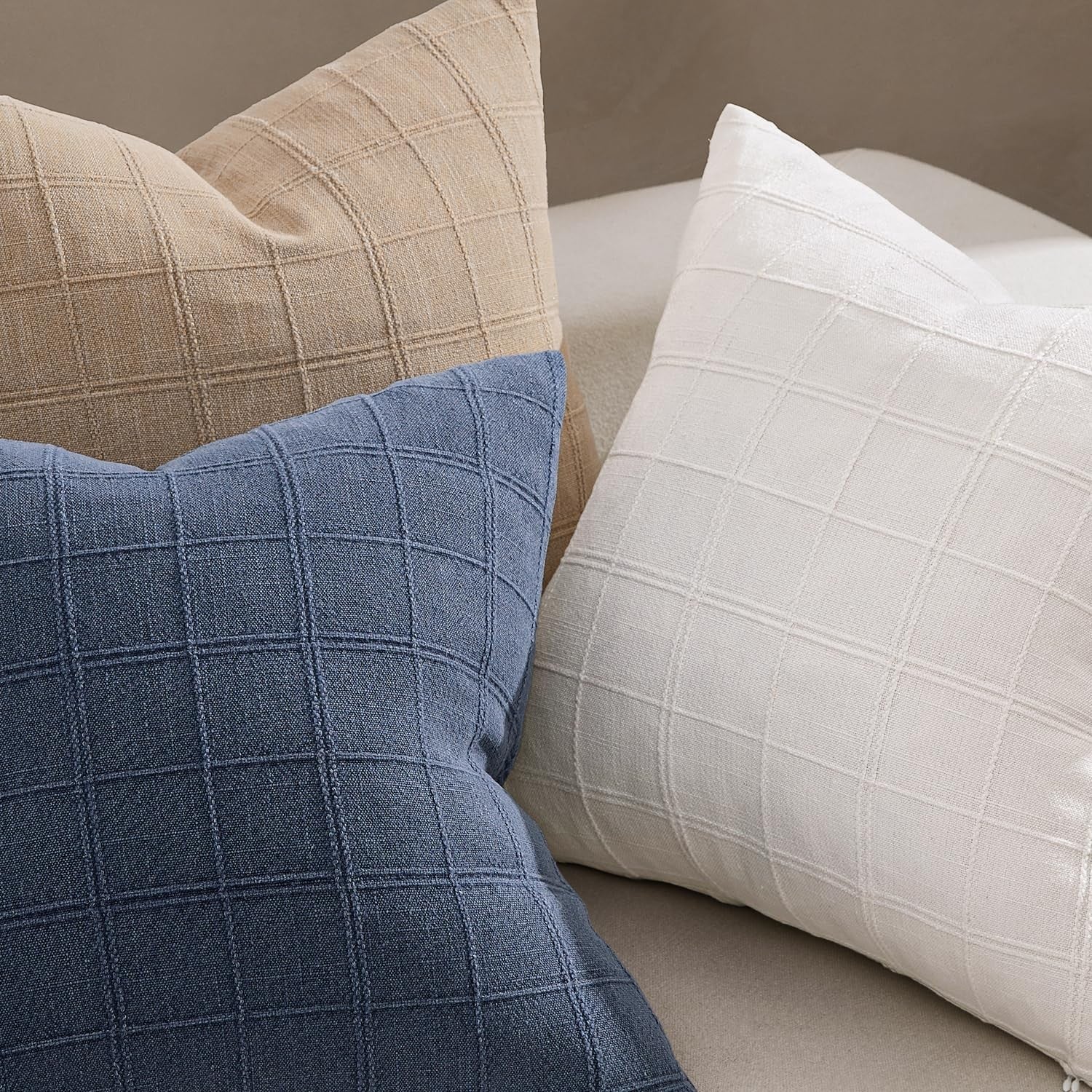 Woaboy linen check throw pillow covers set of 2, 26x26 inches, blue farmhouse style decorative pillow covers.