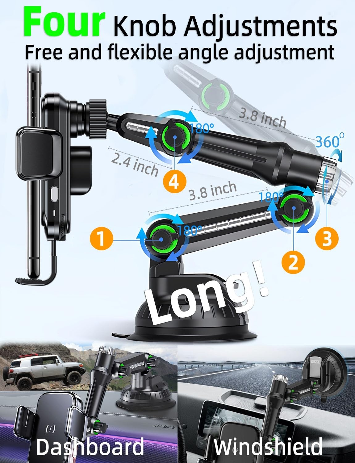 WCKESI wireless car charger and truck phone mount holder with 10-inch arm and 15W fast charging, holding a smartphone securely in a vehicle.