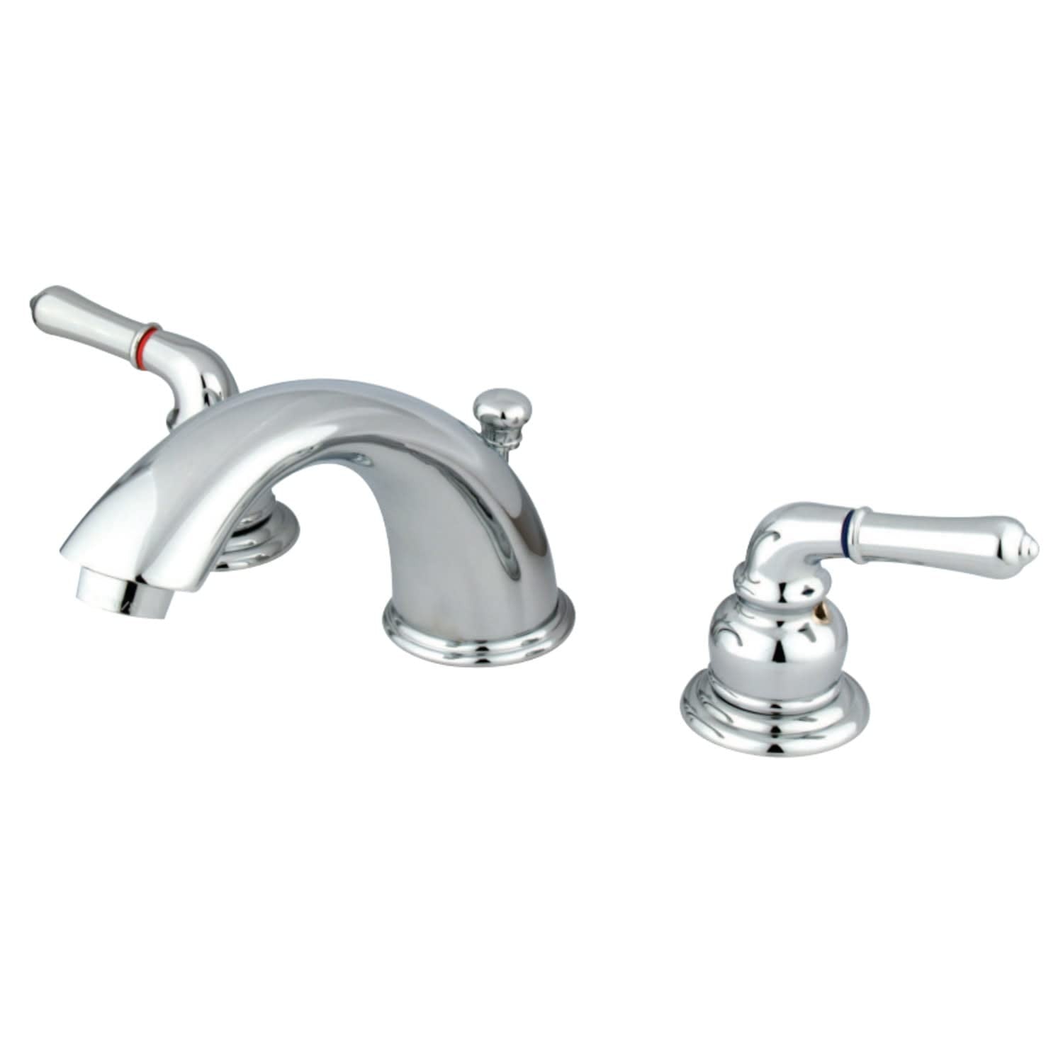 Kingston Brass Magellan widespread bathroom faucet with retail pop-up drain, polished finish, and modern design.