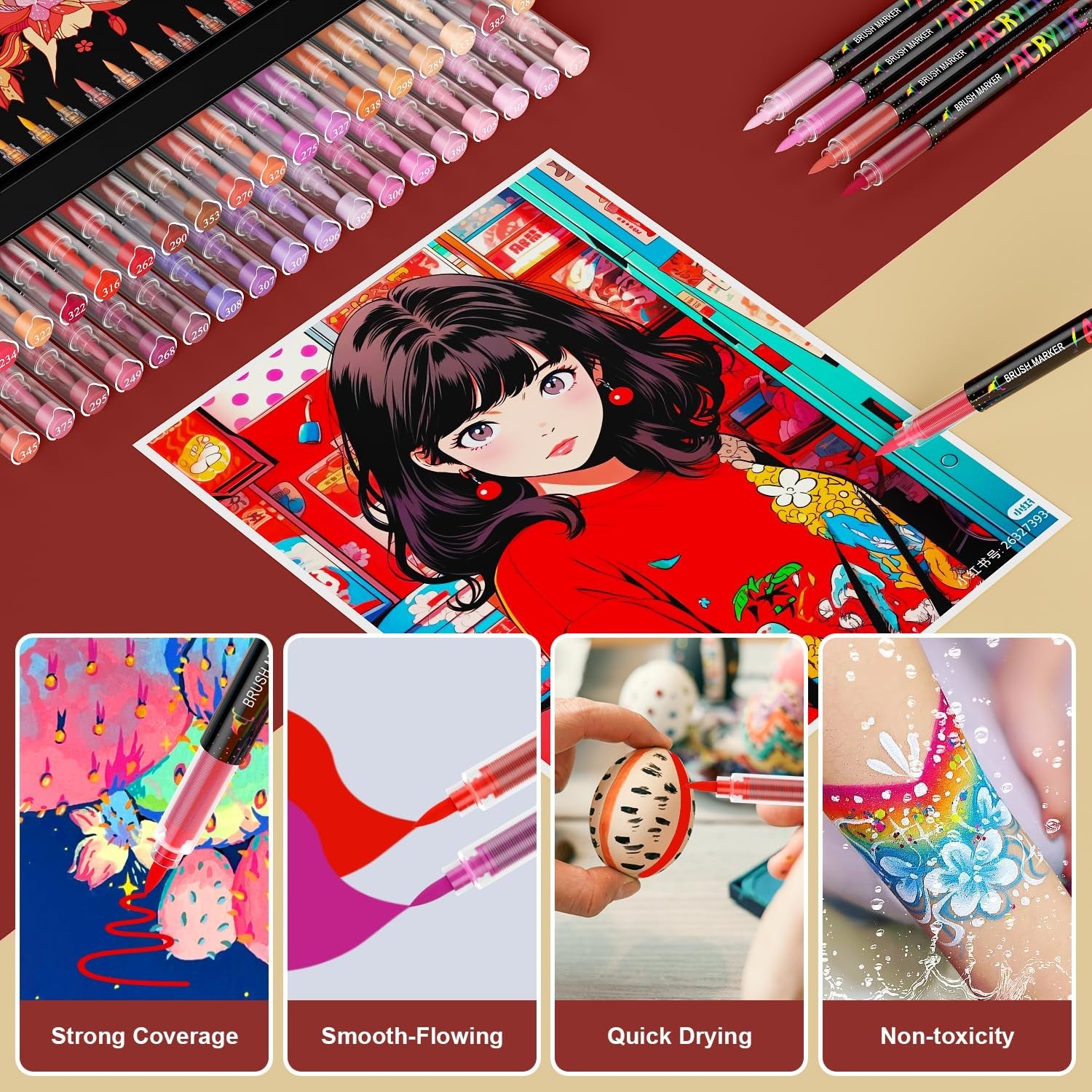 Sanyetral 36 Red Tones acrylic paint markers with soft brush tips, ideal for detailed artwork and crafts.