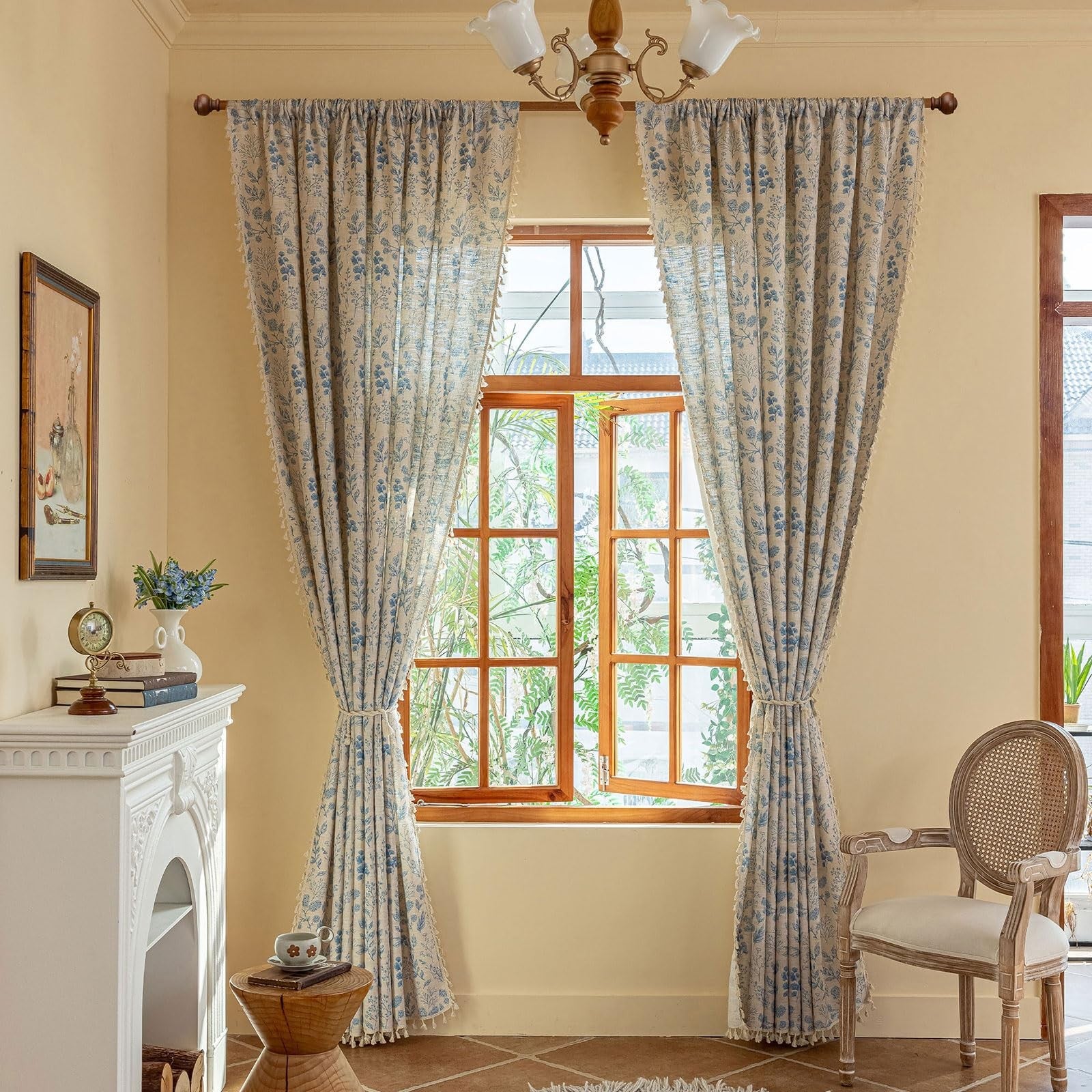OYX blue floral boho light filtering curtains with 84-inch length, two panels, featuring a floral pattern for living room decor.