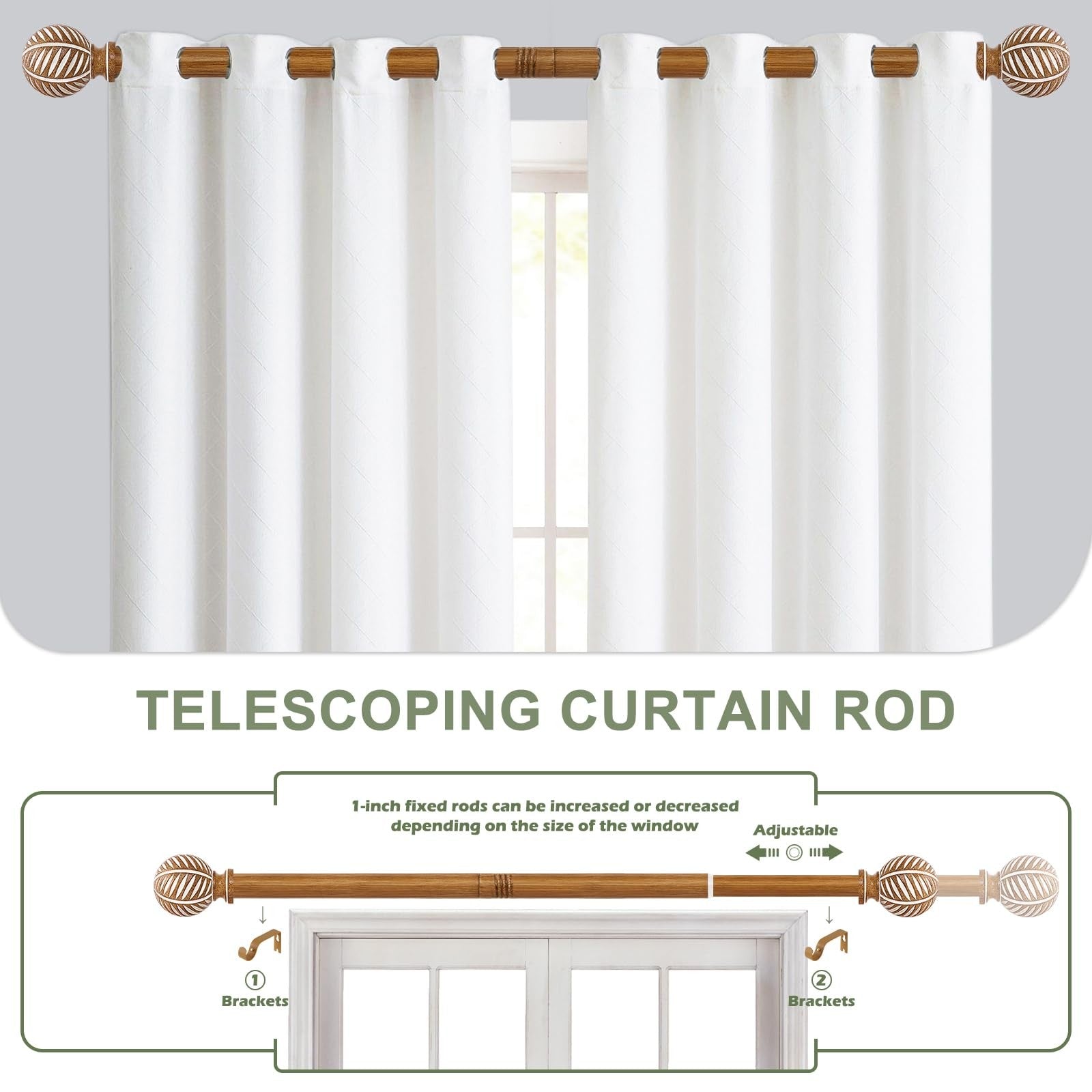 HTZON 2-pack wood curtain rods with adjustable length, decorative finials, 28-48 inches, ideal for boho-style window decor