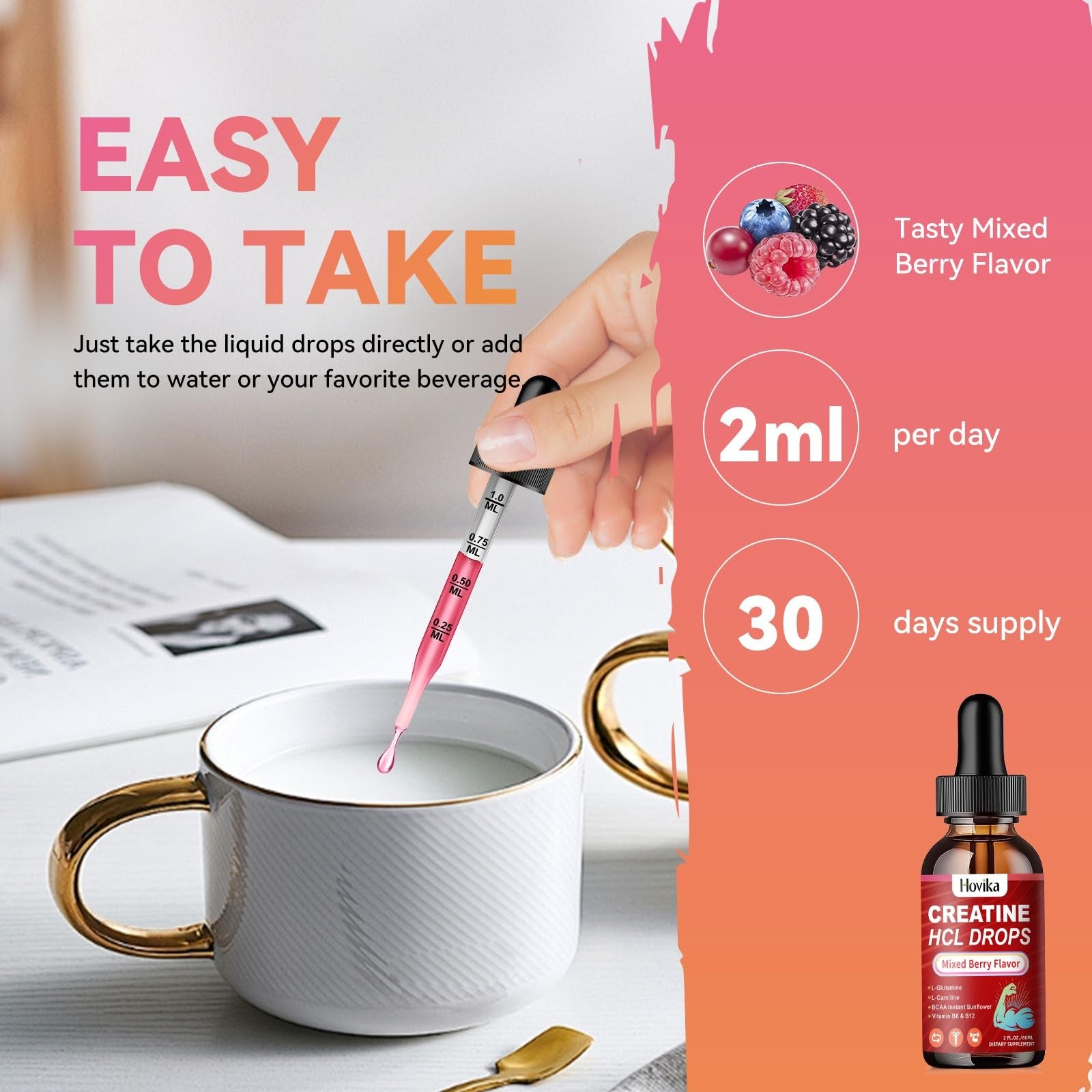 Hovika Creatine HCL Liquid Drops for men and women, featuring creatine hydrochloride with L-Carnitine in a clear bottle.