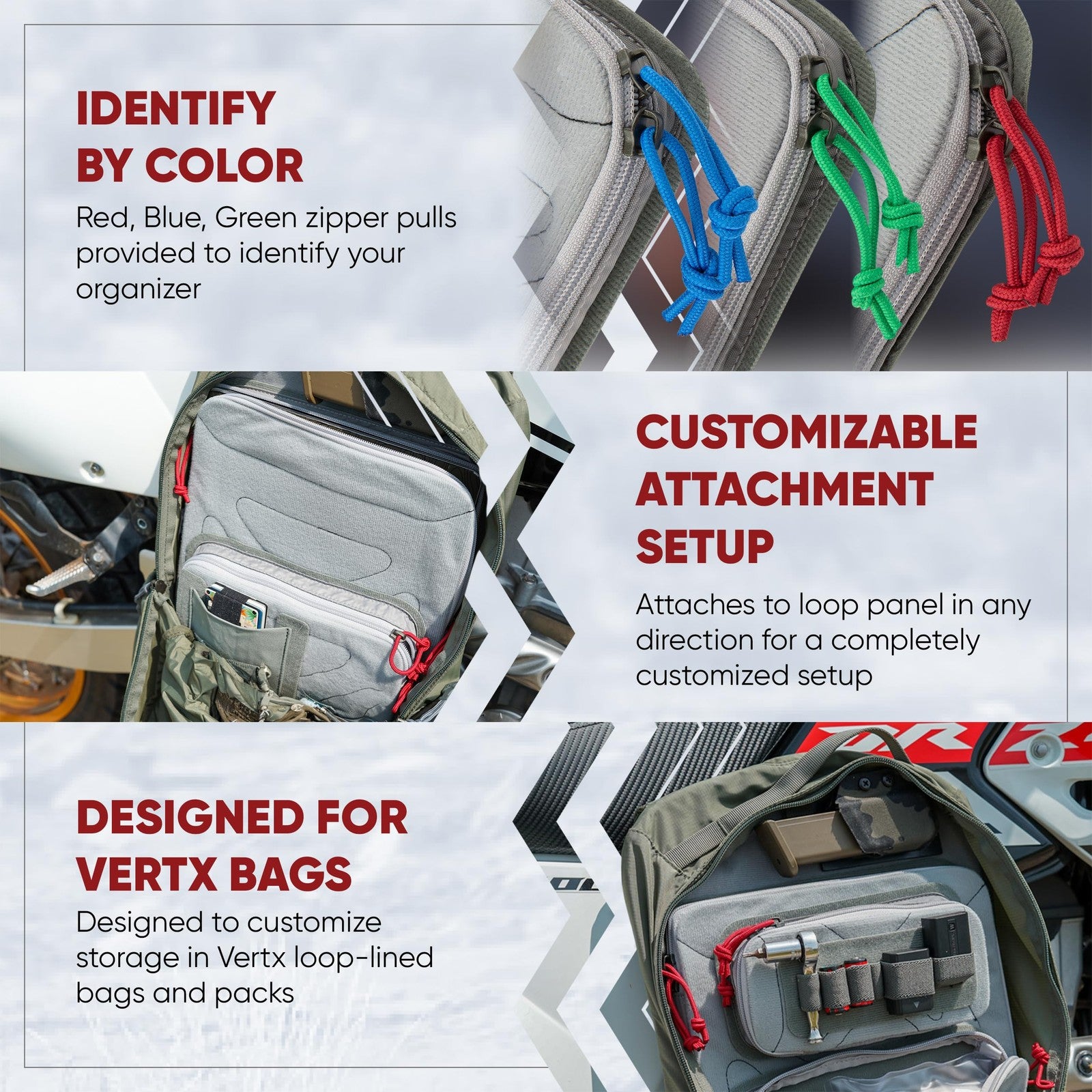Vertx Pack Zip Pouch Organizer Insert for backpack, showing multiple compartments for travel and organization.