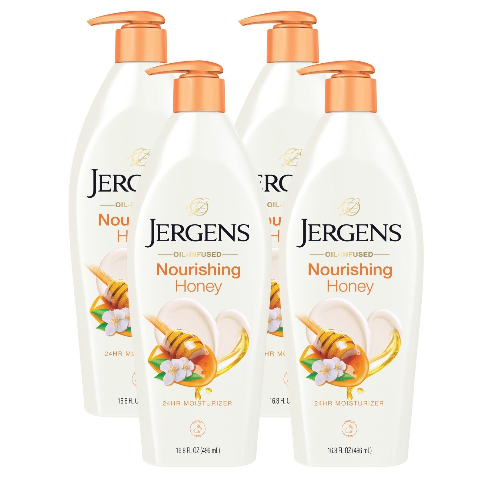 Jergens Nourishing Honey Dry Skin Moisturizer bottle with illuminating Hydralucence blend, displayed with honey accents and a pump dispenser.