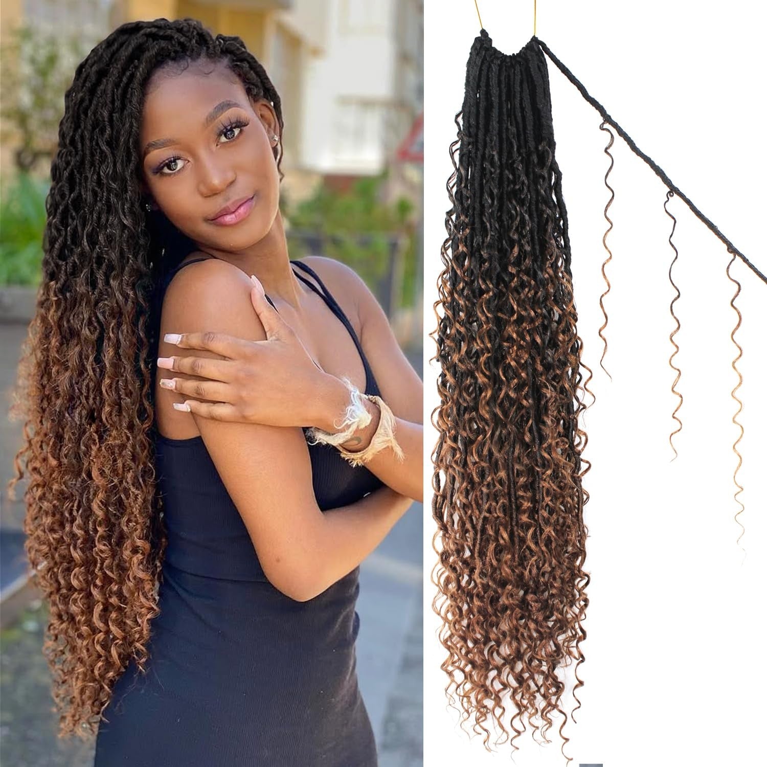 Trekci Boho Faux Locs crochet hair, 30-inch goddess locs in soft, boho style, displayed in a bundle of 8 packs.