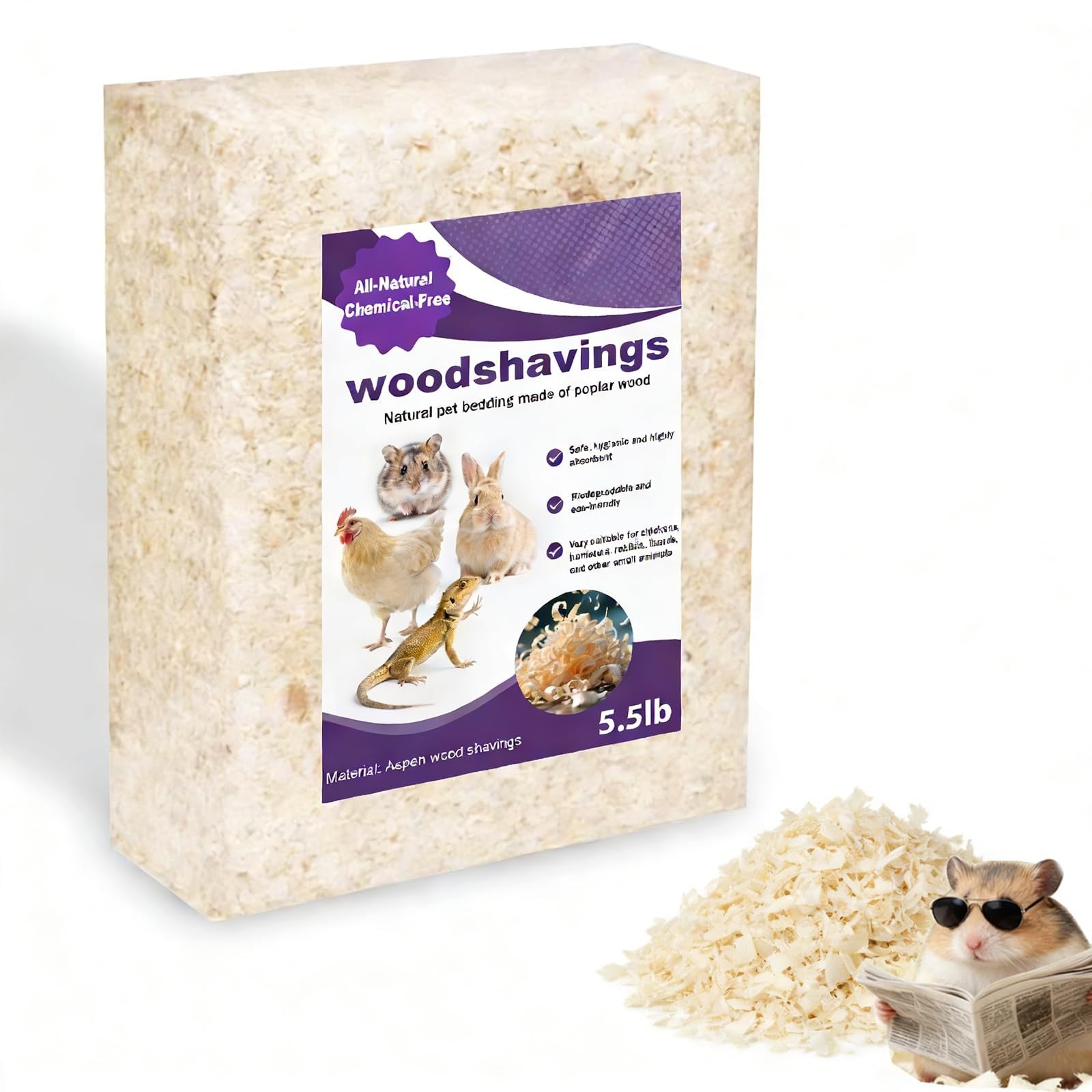 Natural Aspen shavings pet bedding in a 5.5 lb bag, low-dust, chemical-free, and ultra-absorbent for small pets.
