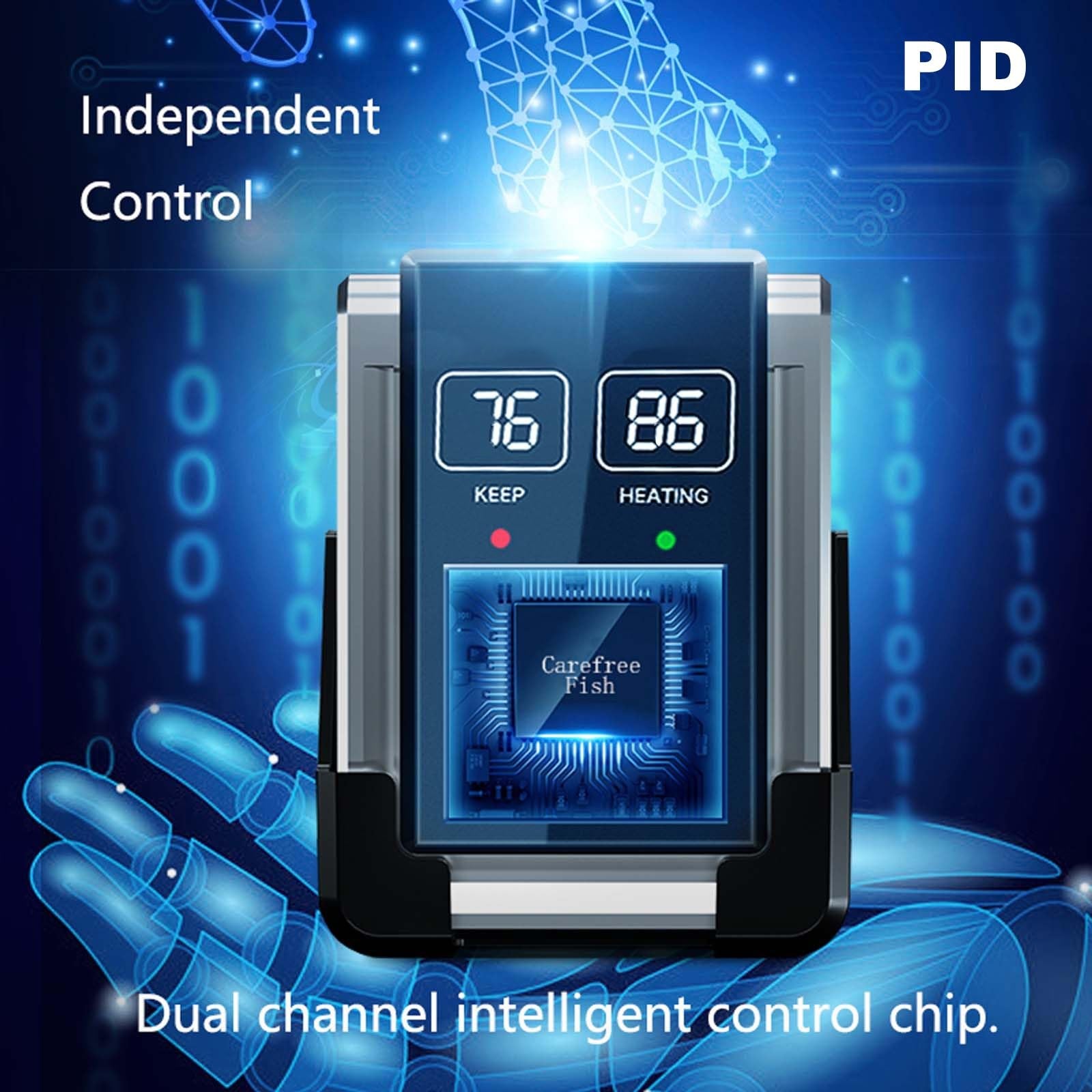 Carefree Fish 300W 2-in-1 PTC ceramic aquarium heater with digital control and PID technology, shown submerged in an aquarium.