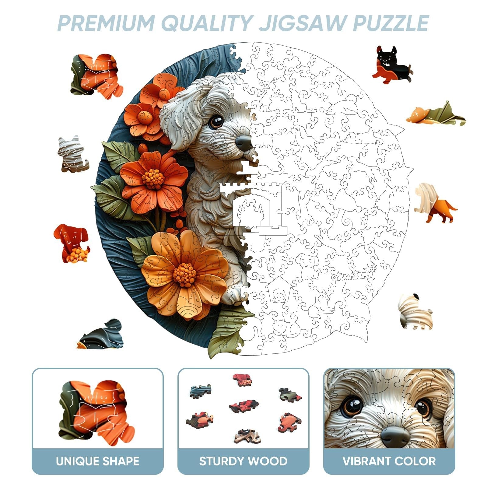 Qiuenisray Valentine's Day wooden puzzle for adults featuring a white dog, 500-piece jigsaw puzzle on a wooden surface.