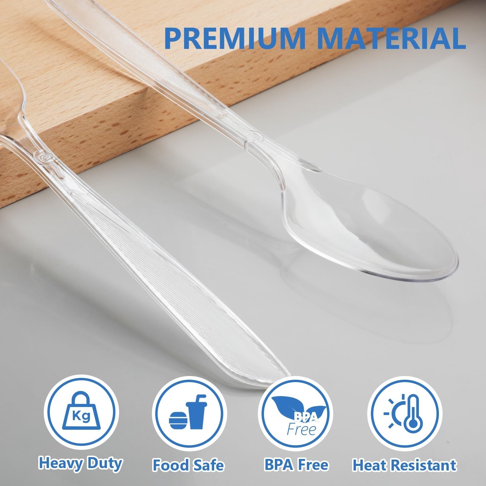 Set of 10 heavy-duty clear plastic spoons by SACATR, BPA-free and heat-resistant disposable utensils for food service.